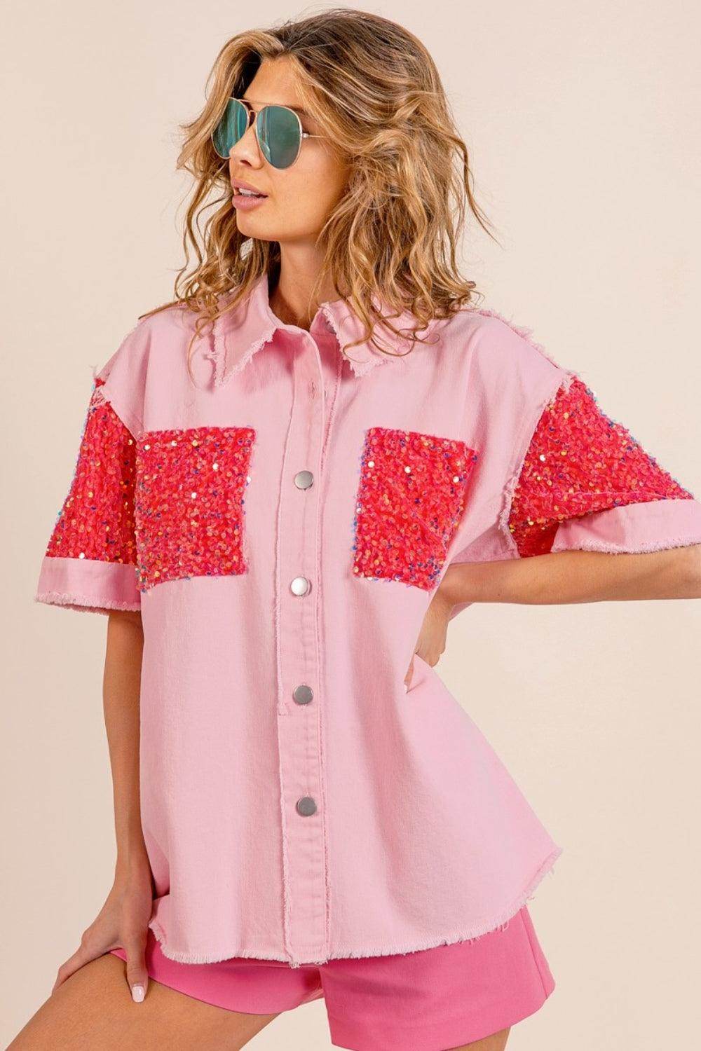 BiBi Sequin Detail Raw Hem Short Sleeve Shirt Glamorous