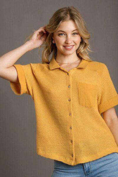 Umgee Full Size Waffle-Knit Short Sleeve Button Down Shirt
