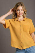 Umgee Full Size Waffle-Knit Short Sleeve Button Down Shirt