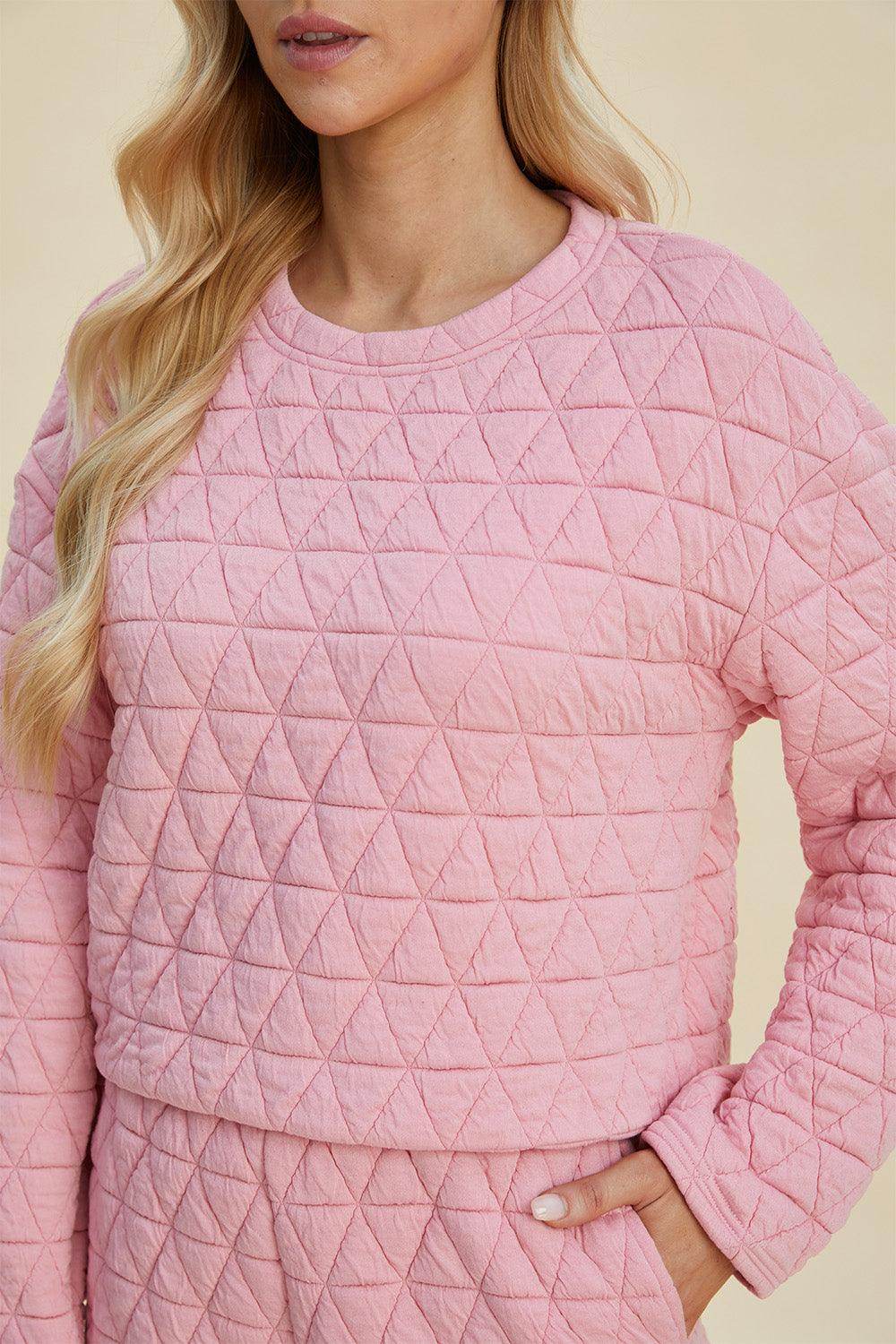 Double Take Full Size Texture Round Neck Long Sleeve Top and Shorts Set for Women