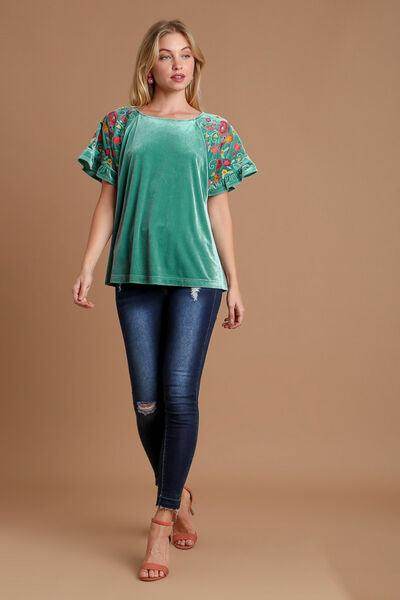 Umgee Velvet Embroidery Short Sleeve Blouse for Women