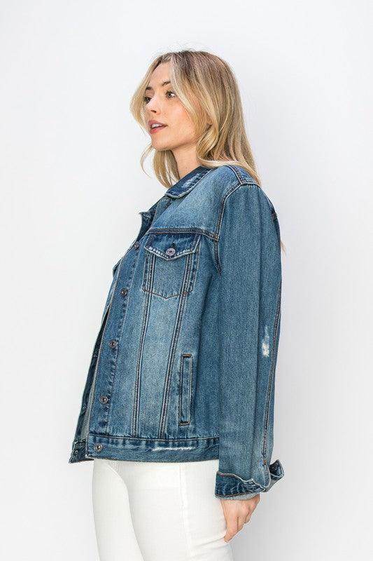 RISEN Full Size Distressed Button Up Jacket for Women