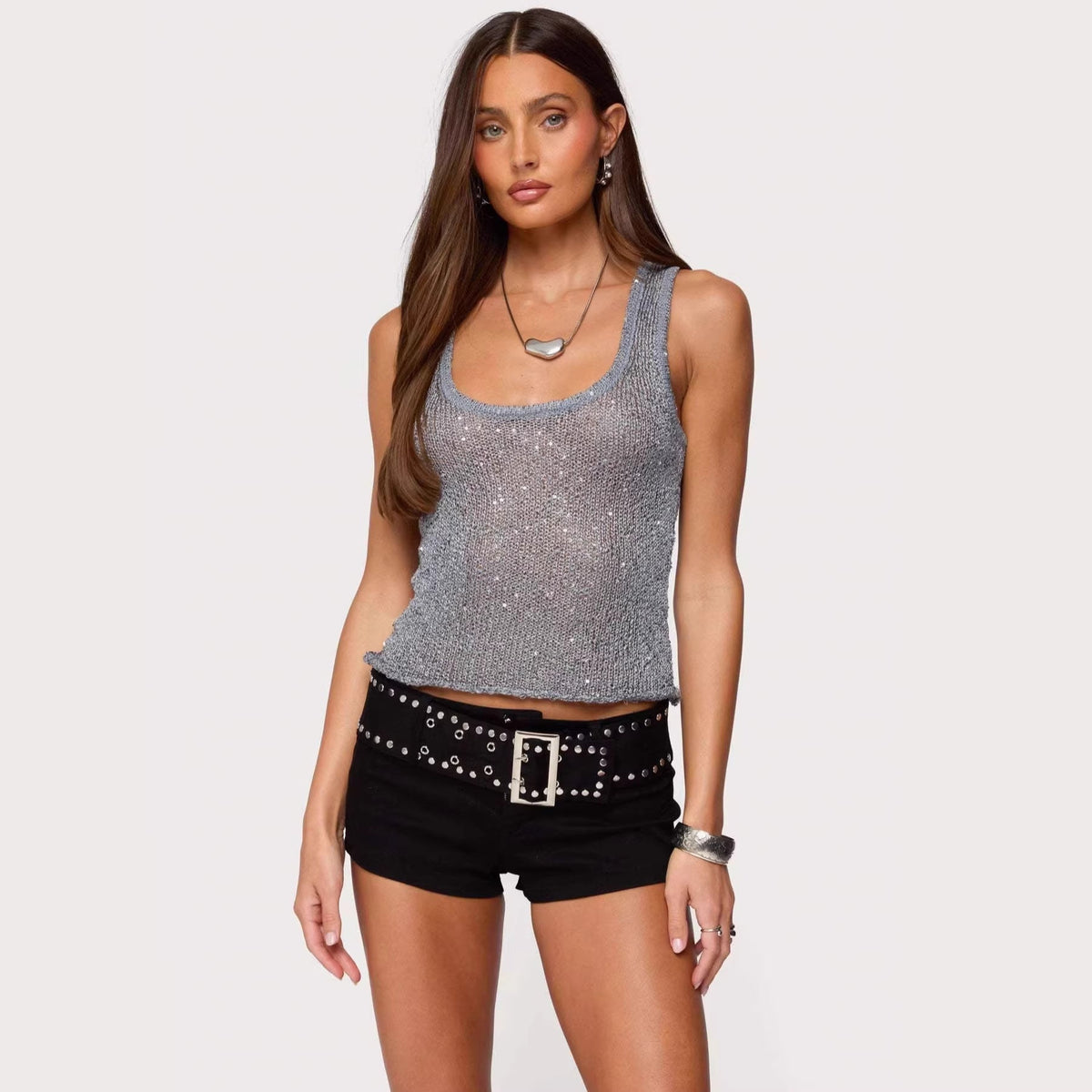 Women's Sequin Deep V-Neck Strappy Tank Top – 3 Colors S–L