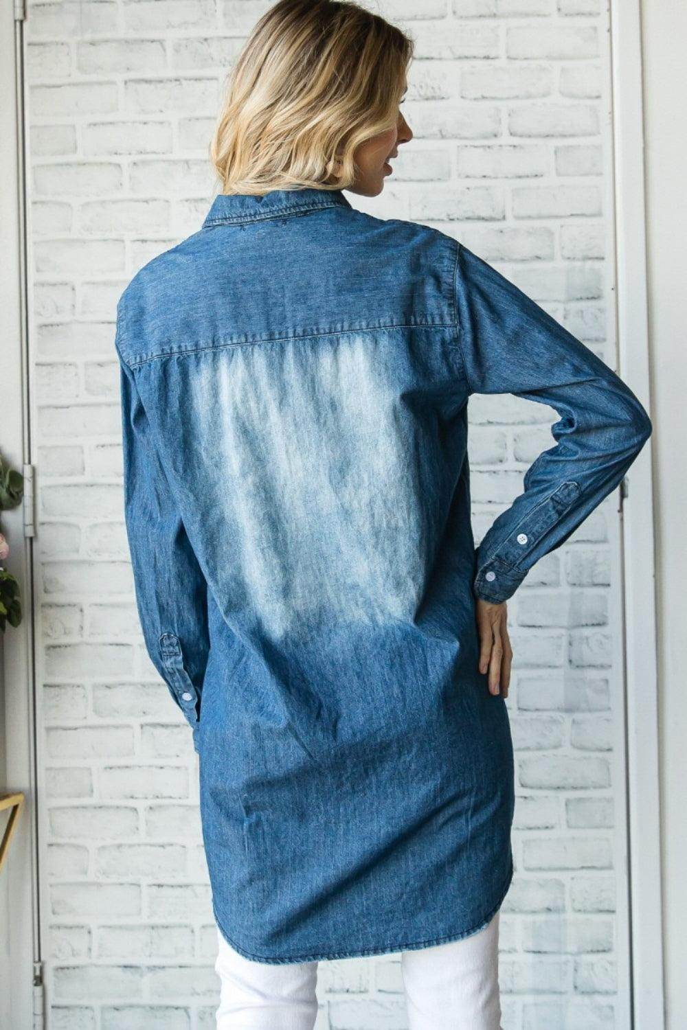 Veveret Pocketed Button Up Washed Denim Shirt for Women