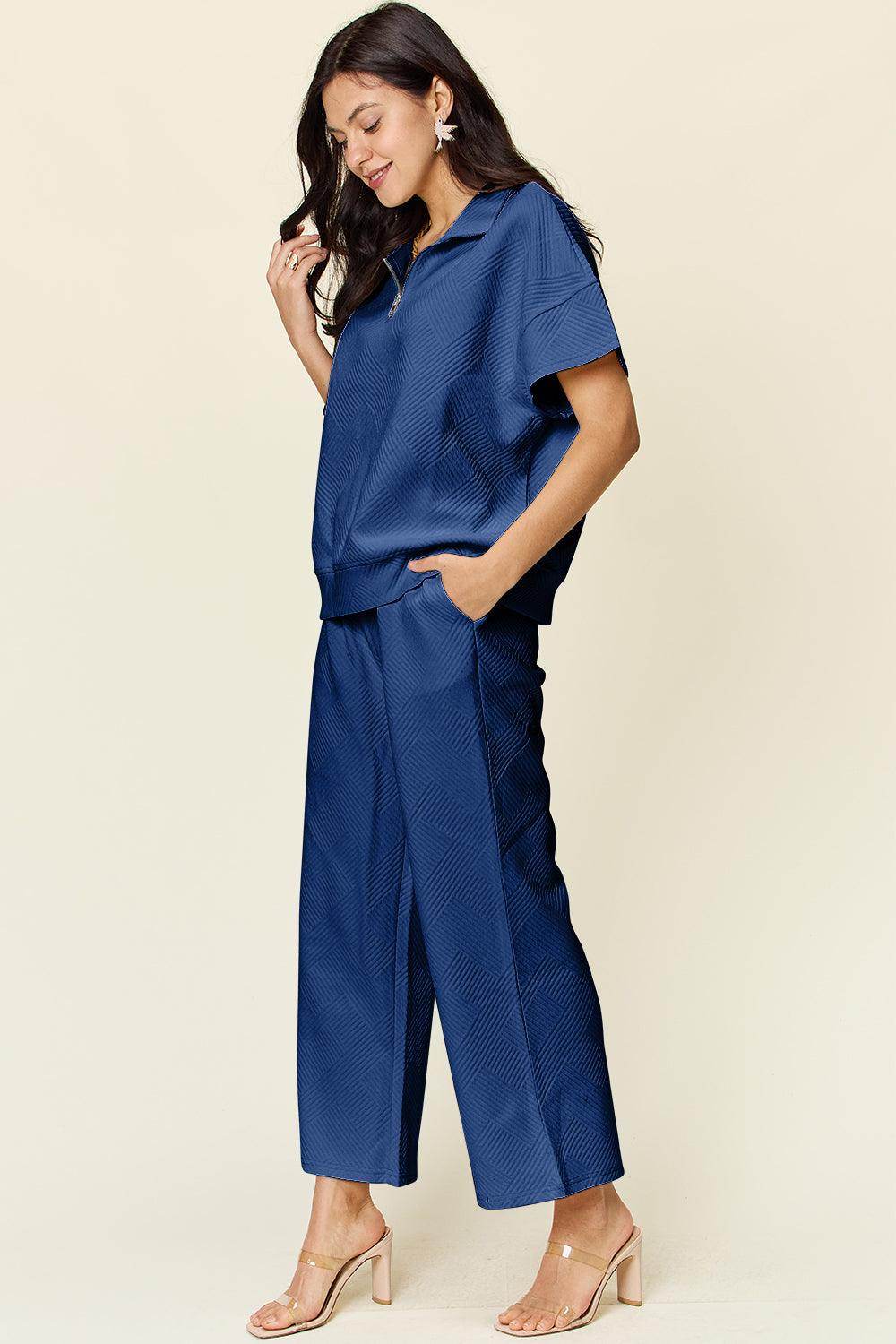 Double Take Full Size Texture Half Zip Short Sleeve Top Set