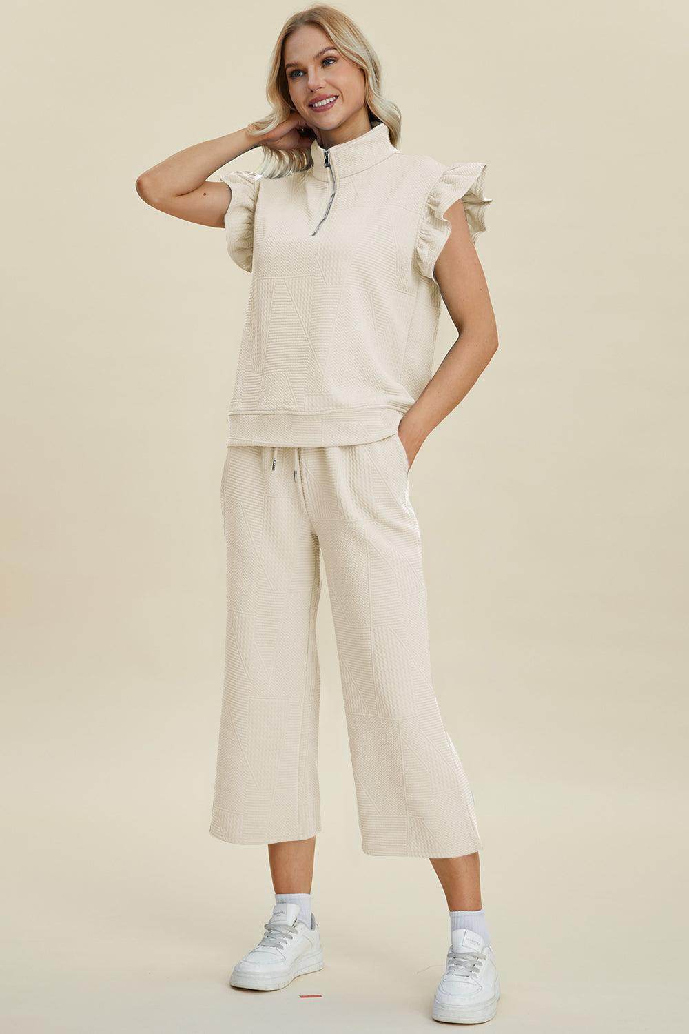 Double Take Full Size Texture Ruffle Top and Pants Set