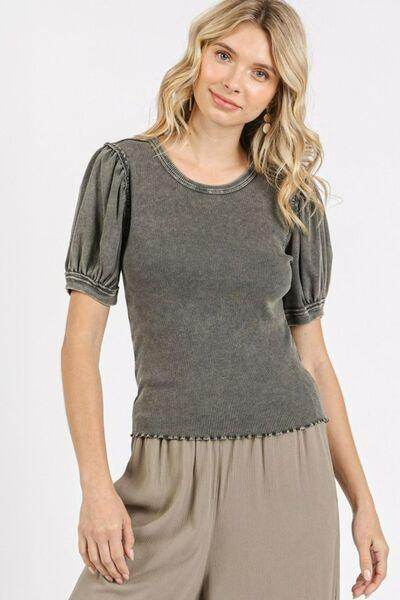 Mittoshop Mineral Wash Puff Sleeve Rib Knit Top for Women
