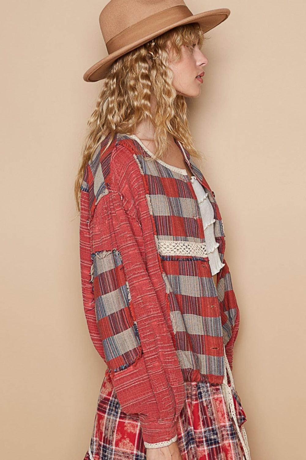 POL Round Neck Long Sleeve Plaid Shirt for Women Casual