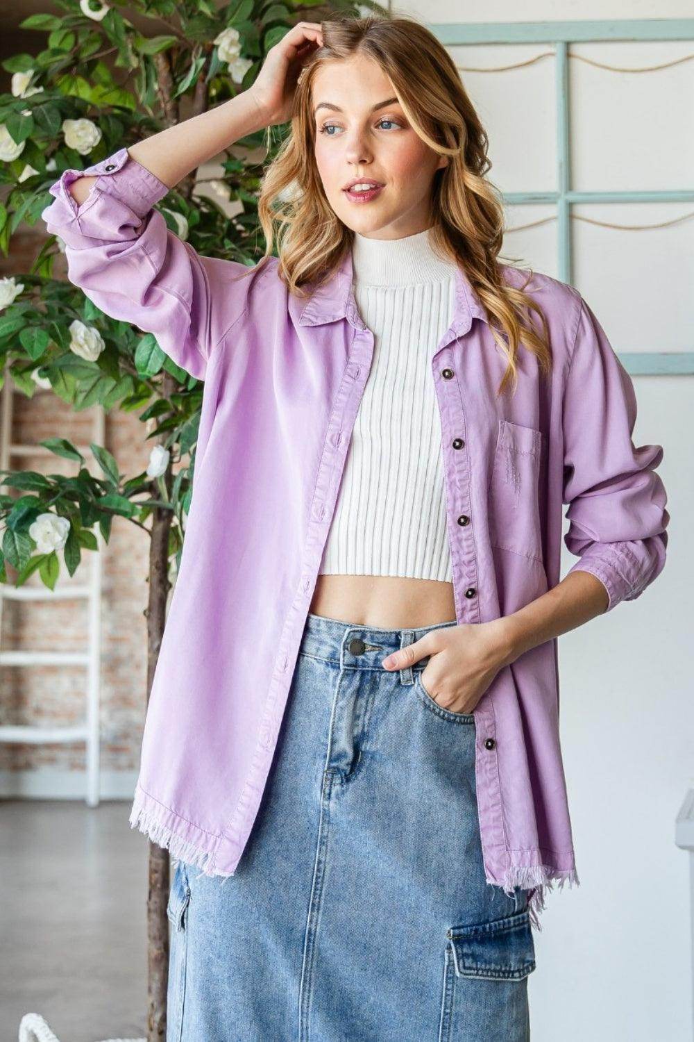 Veveret Raw Hem Button Up Long Sleeve Shirt for Women