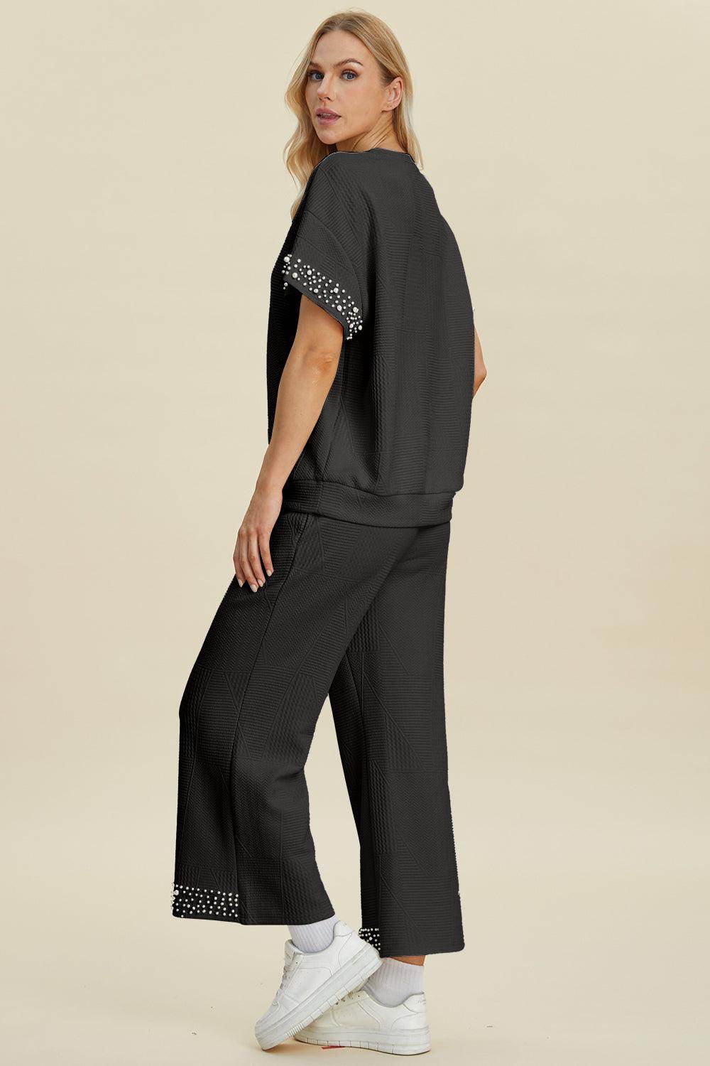 Double Take Full Size Pearl Detail Round Neck Top Pants Set