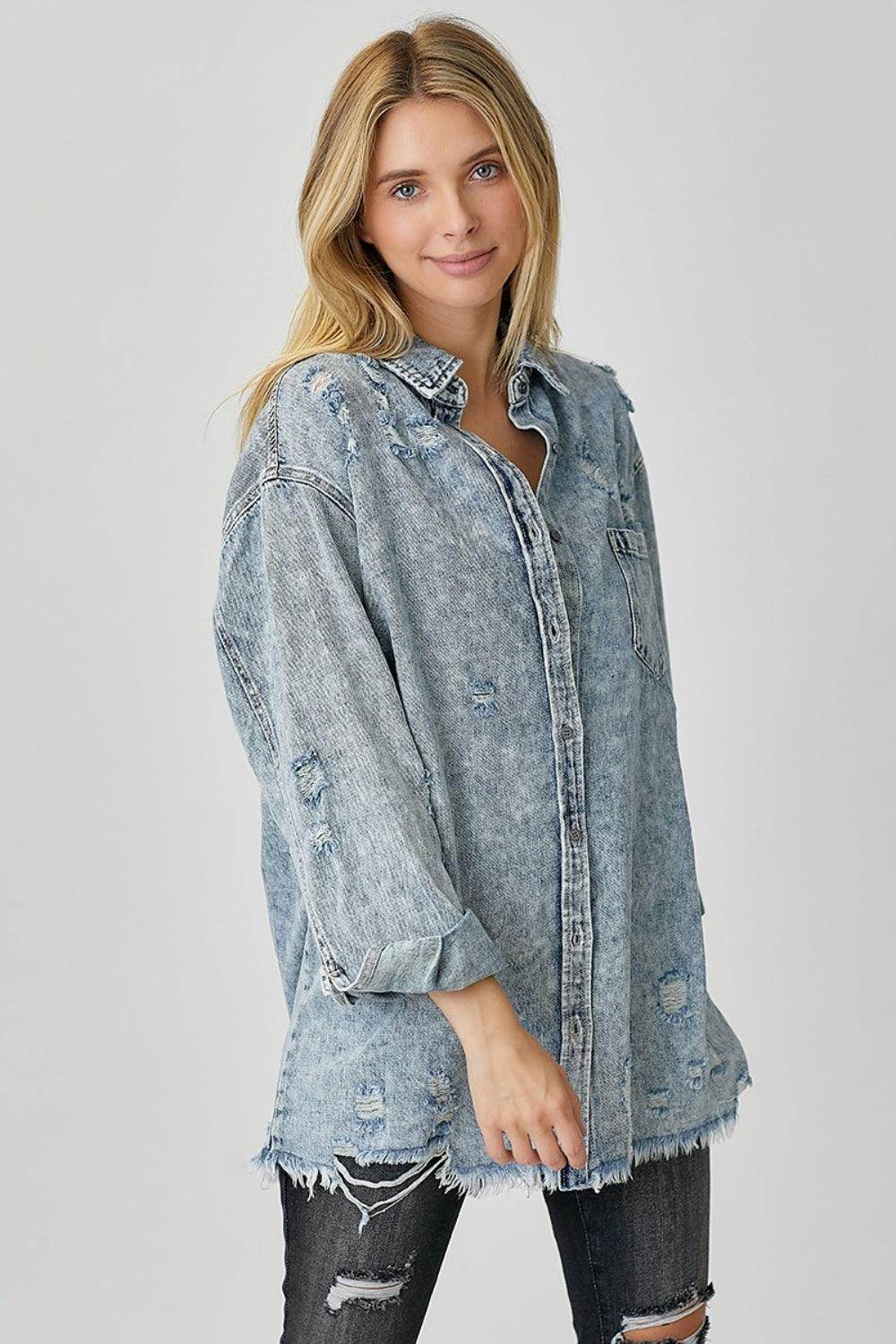 RISEN Distressed Raw Hem Denim Shirt for Casual Style
