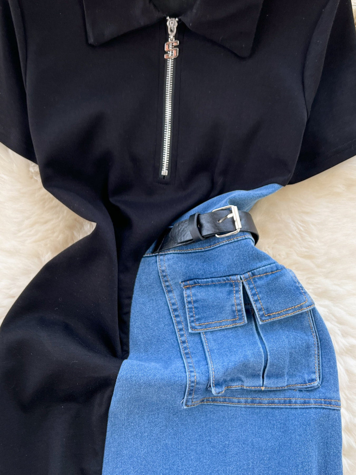 Color Block Denim Patchwork Short Sleeve Midi Dress