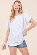 BOMBOM Floral Textured Short Sleeve T-Shirt for Women