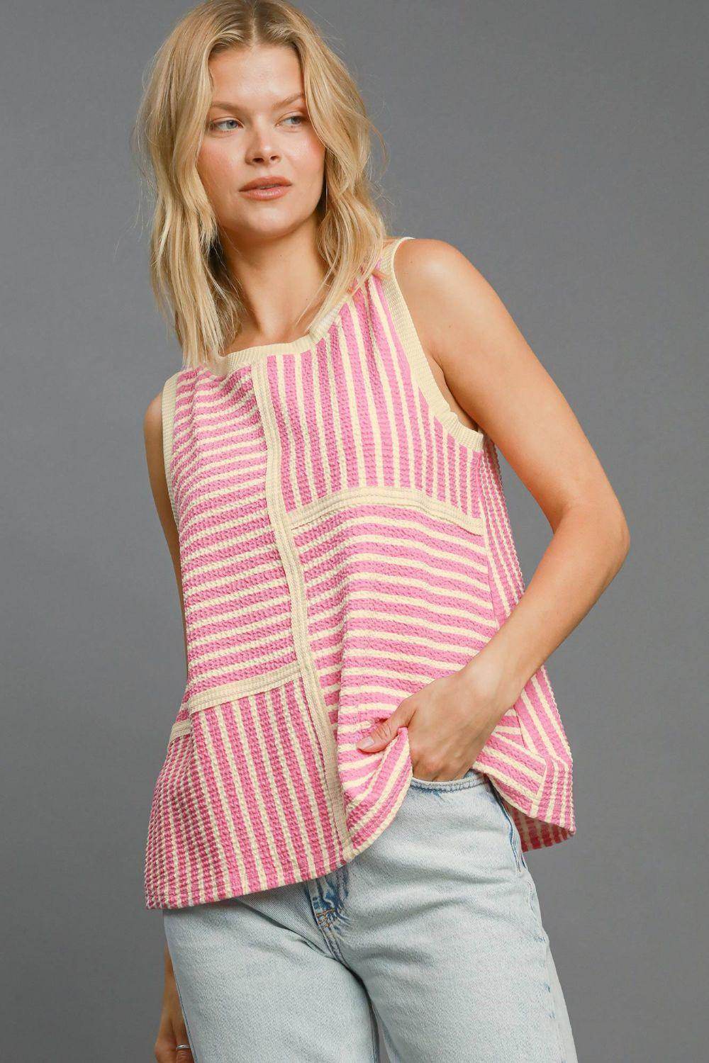 Umgee Round Neck Texture Striped Tank for Casual Style