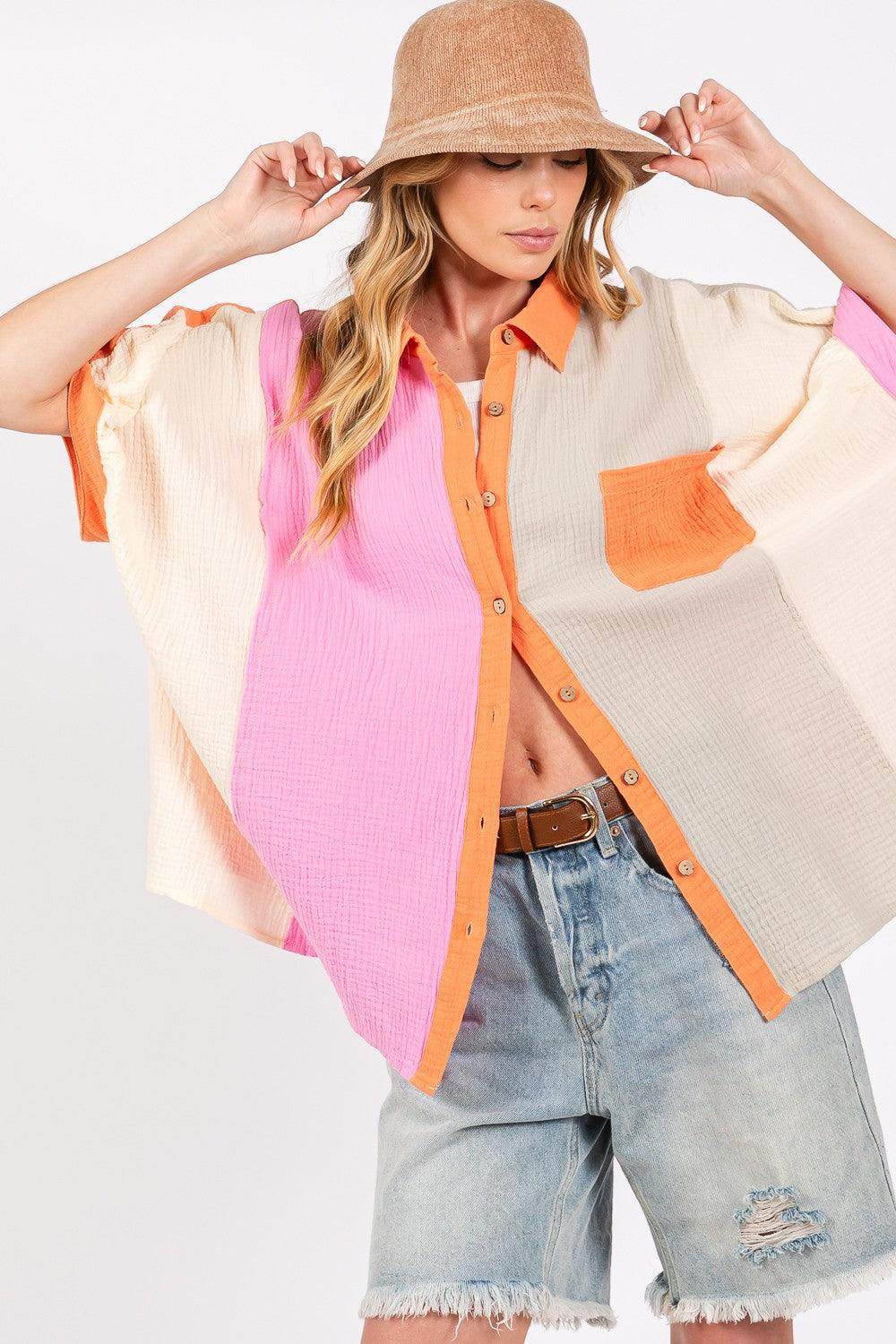 SAGE + FIG Full Size Color Block Button-Down Shirt for Women