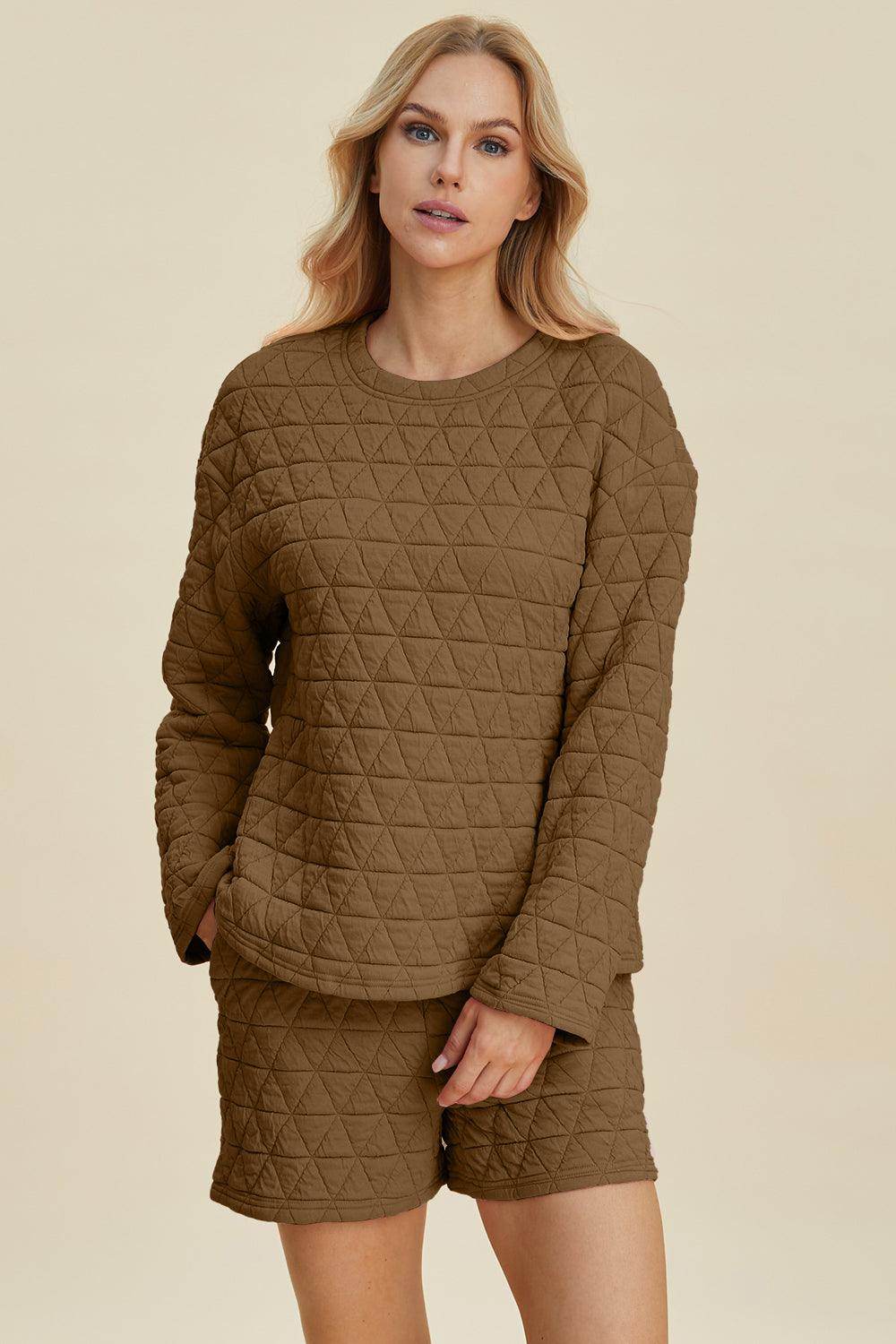 Double Take Full Size Texture Round Neck Long Sleeve Top and Shorts Set for Women