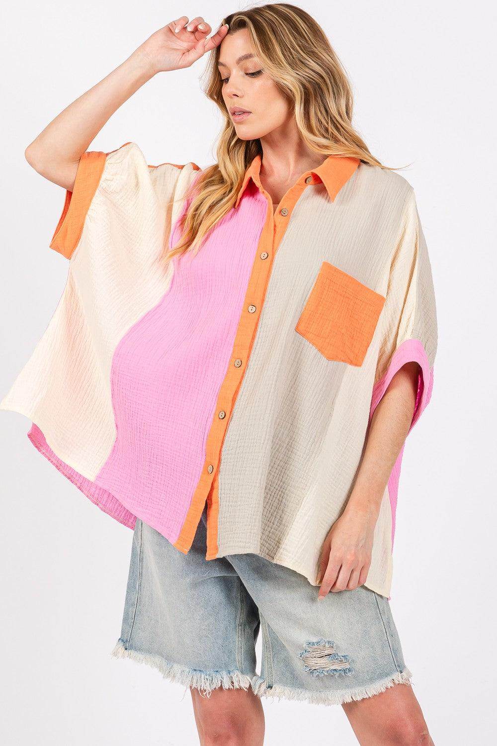 SAGE + FIG Full Size Color Block Button-Down Shirt for Women