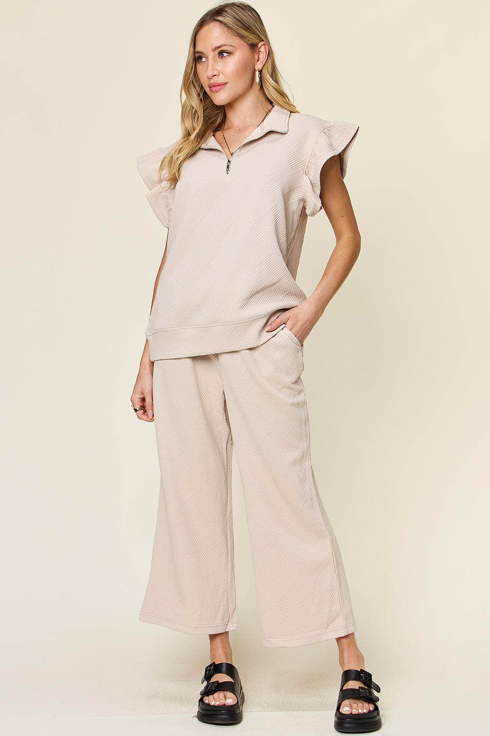 Double Take Texture Ruffle Short Sleeve Top and Pants Set