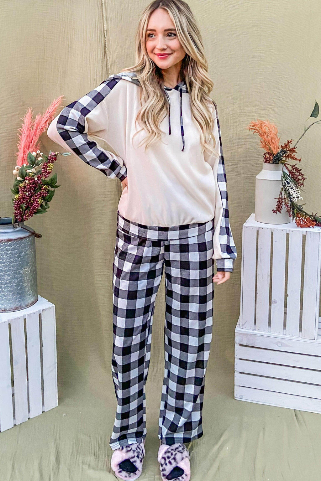 And The Why Drawstring Hooded Top and Plaid Pants Set
