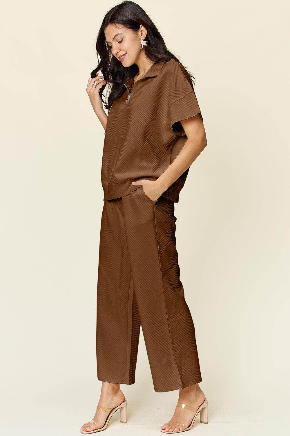 Double Take Full Size Texture Half Zip Short Sleeve Top Set