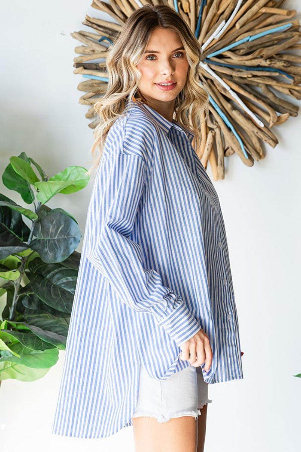 First Love Striped Button Down High-Low Hem Shirt for Women