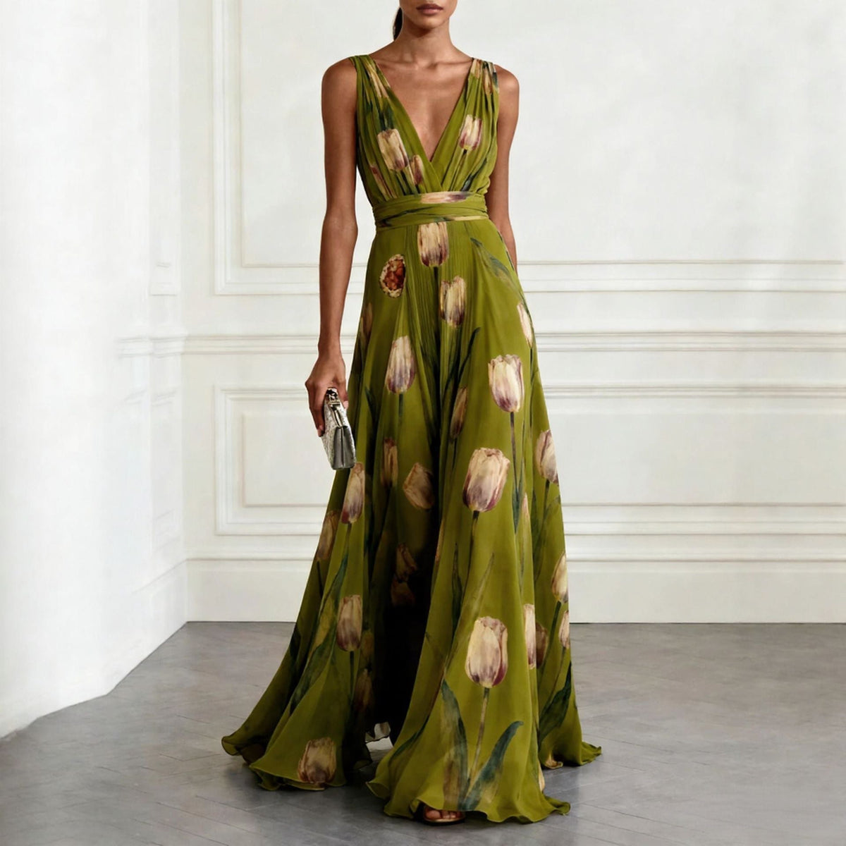 Tulip Print V-Neck Sleeveless Maxi Dress – Floral Chiffon