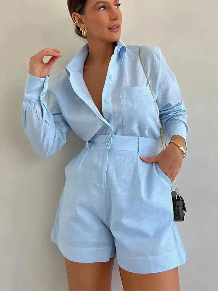 Loose Long Sleeve Blouse & Casual Short Set