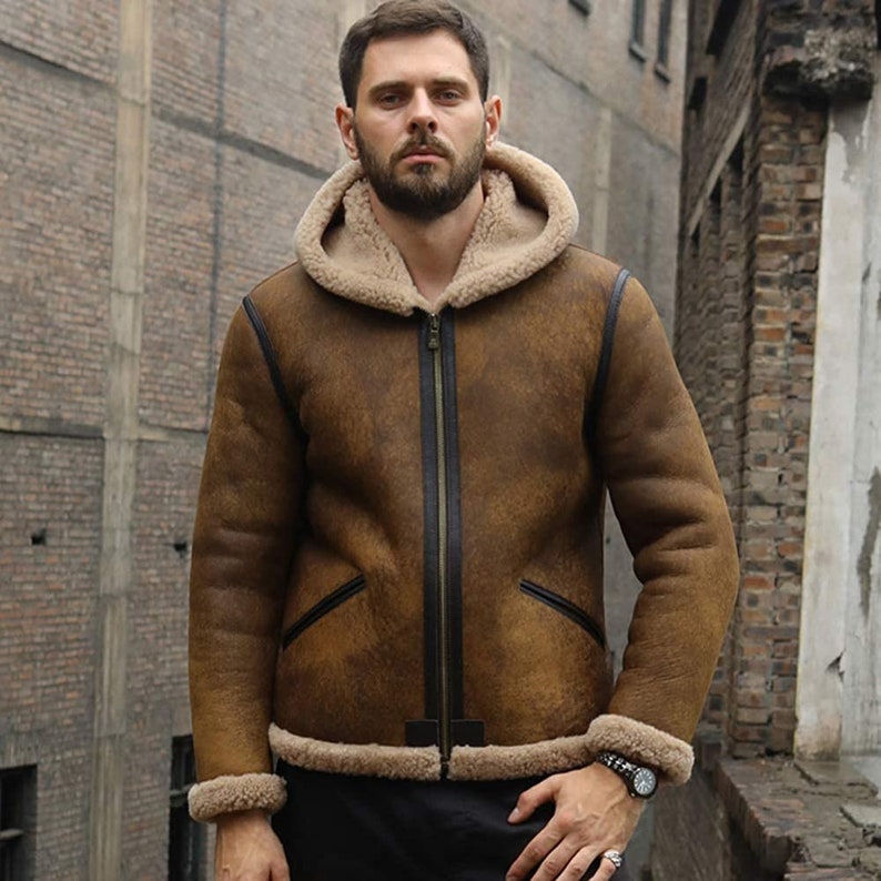 Men’s Brown Shearling Aviator Leather Bomber Jacket With Fur