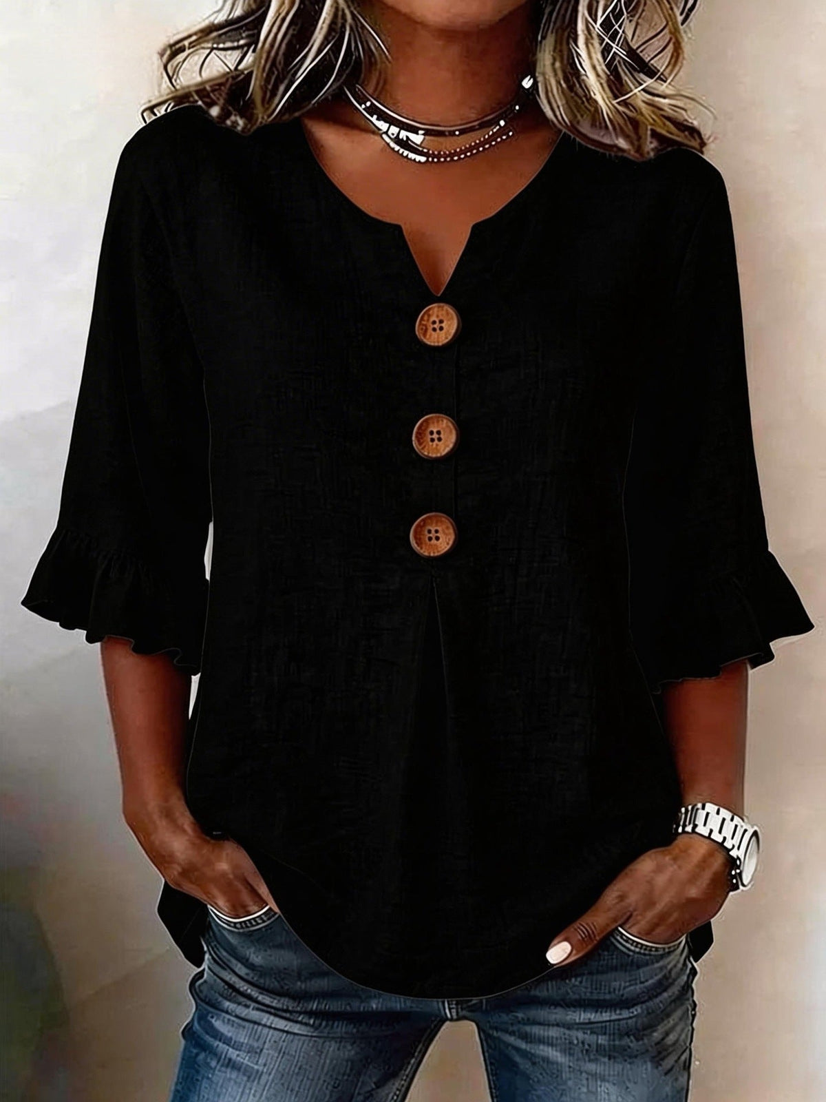 Women's V-Neck Button-Up Blouse — Summer Casual Top