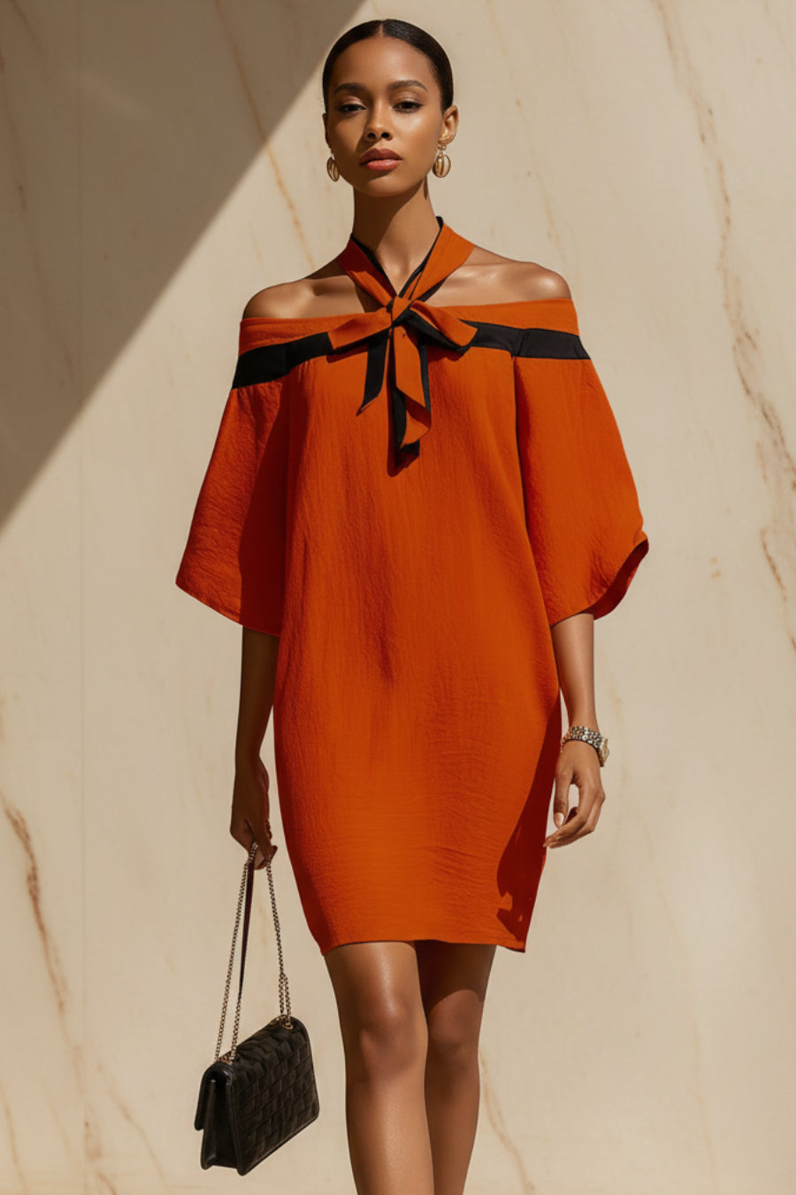 One Shoulder Bow Collar A-Line Dress – Short Sleeve Mini