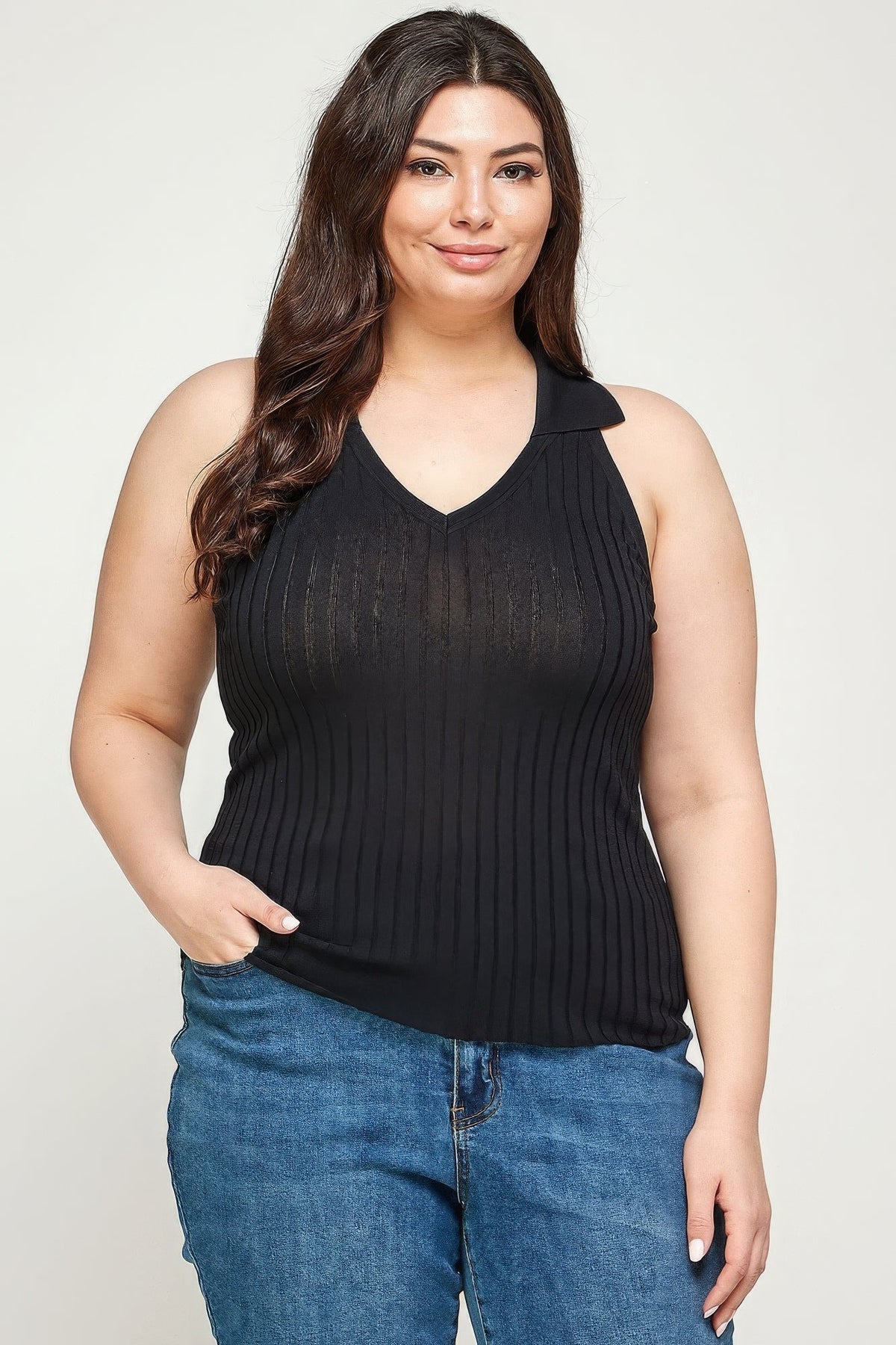 Solid Ribbed Knit Polo Sleeveless Top