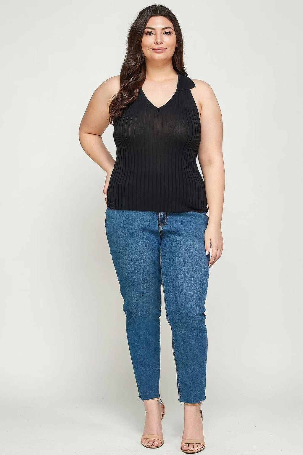 Solid Ribbed Knit Polo Sleeveless Top