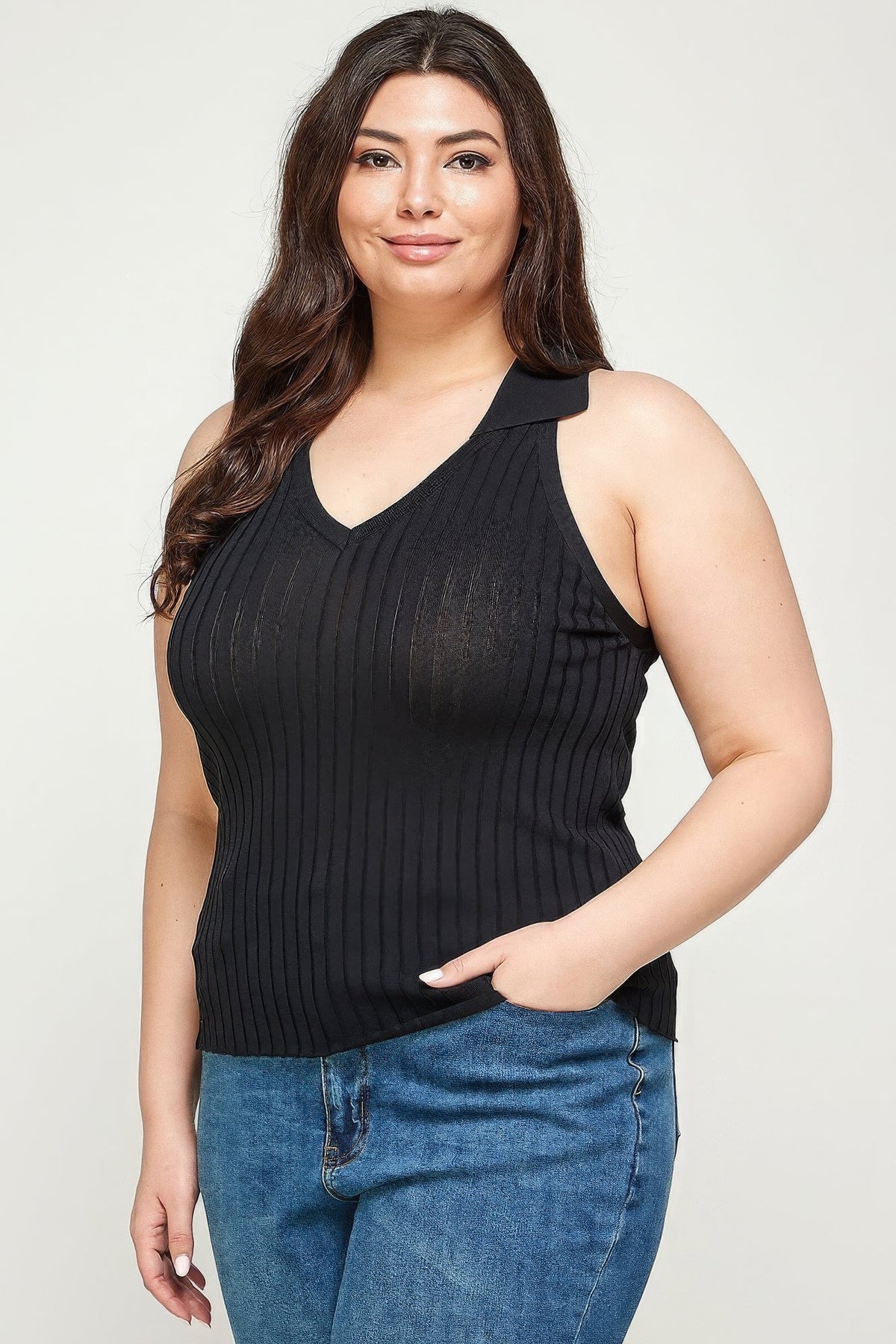Solid Ribbed Knit Polo Sleeveless Top