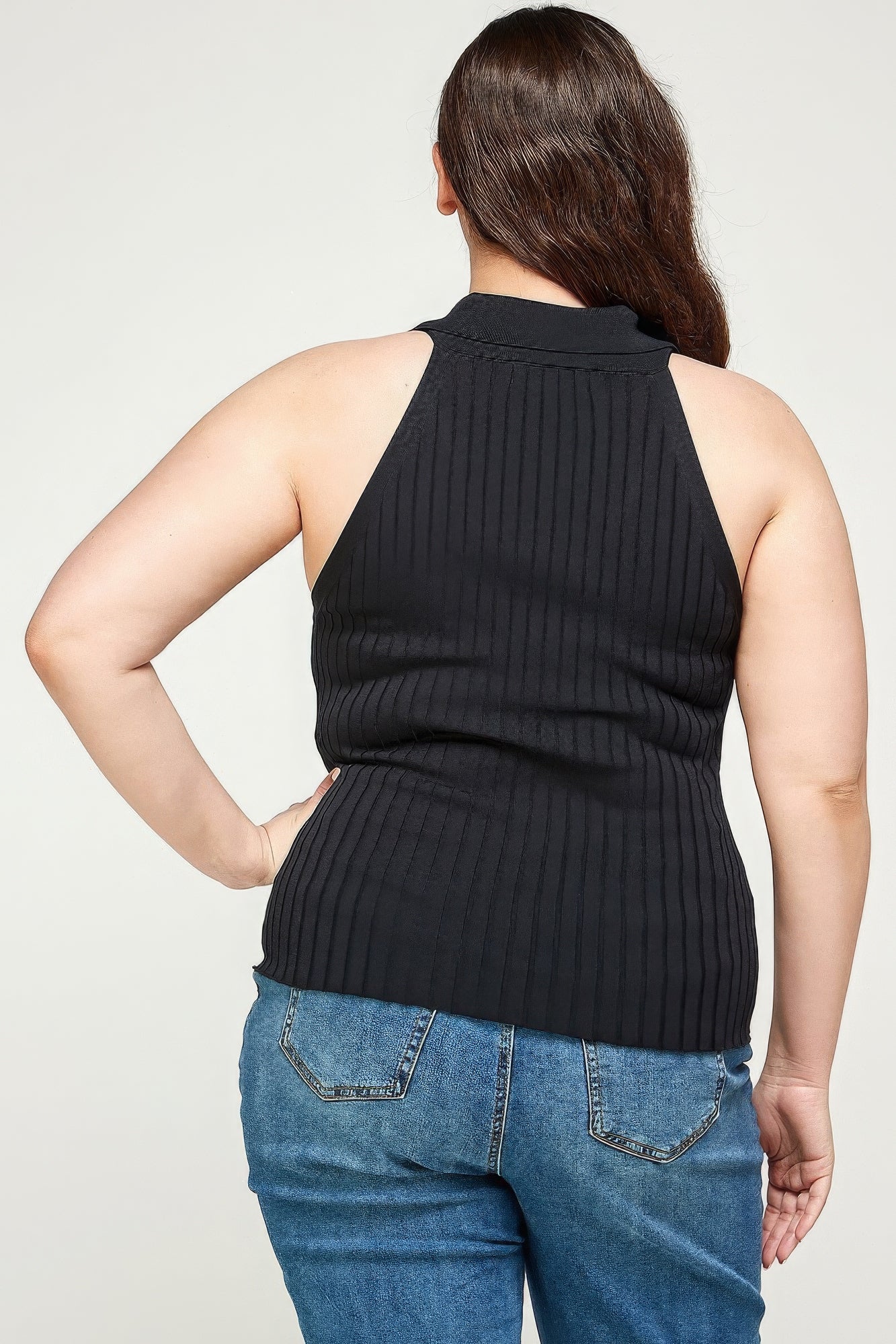Solid Ribbed Knit Polo Sleeveless Top