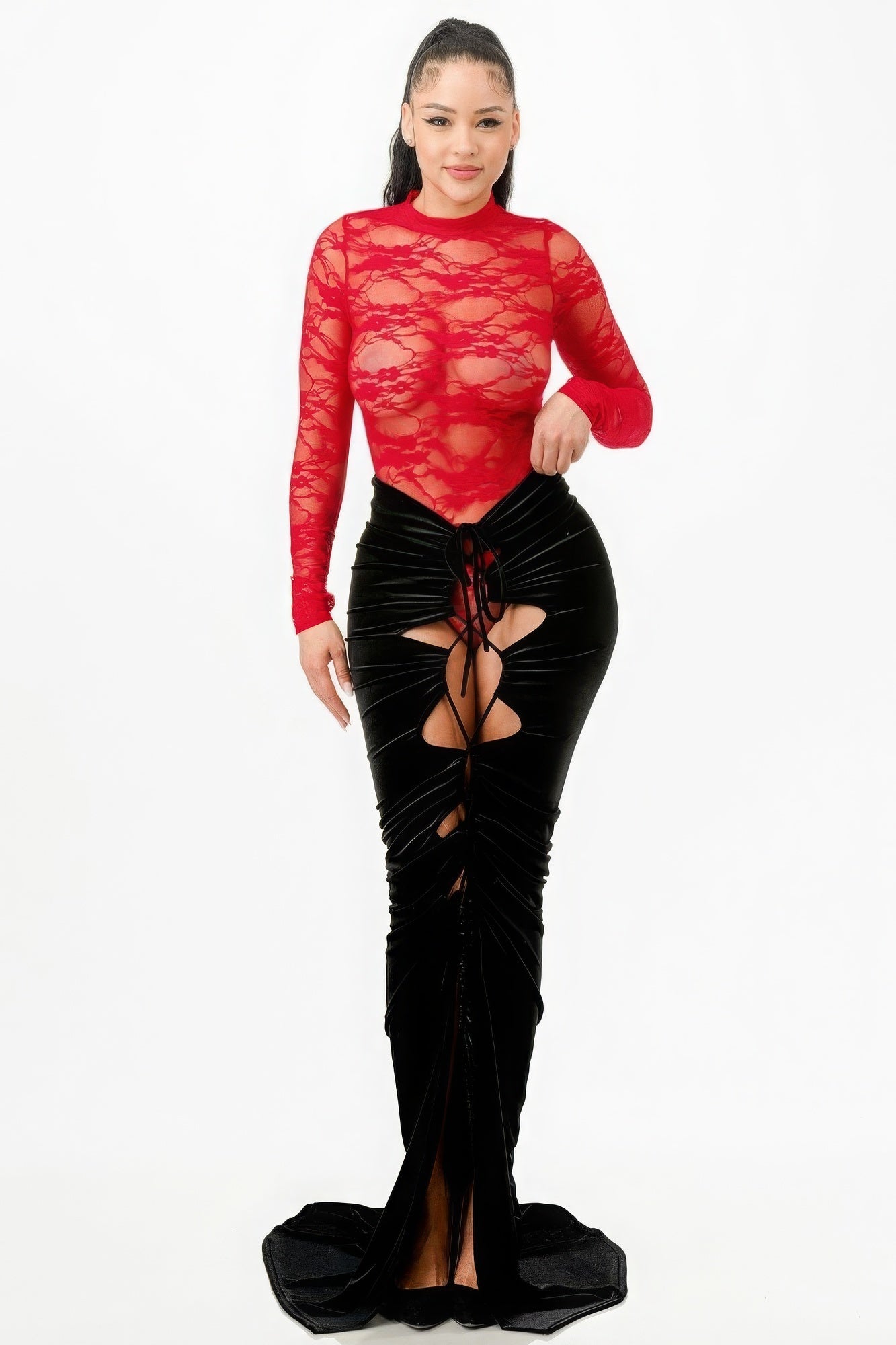 Women's 2-Piece Formal Knitted Overall Set - Sexy Lady Long-Sleeve Comfortable Nylon & Velvet Lace Bodysuit with Adjustable Elegance Statement Mermaid Skirt