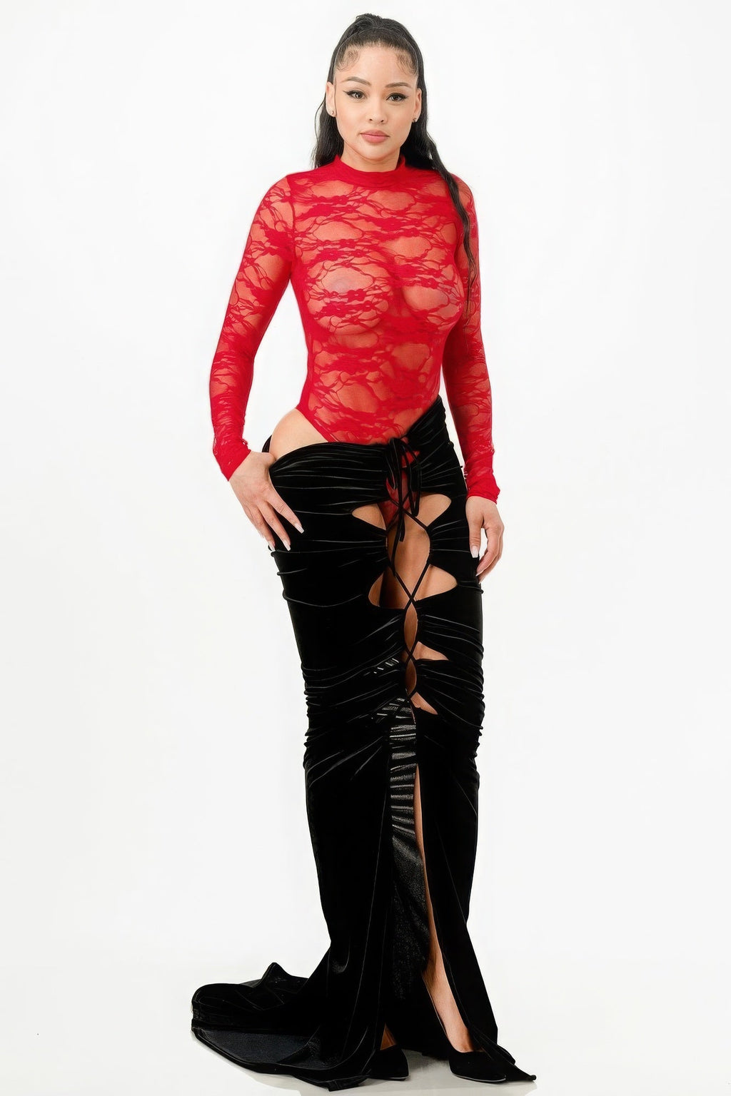 Women's 2-Piece Formal Knitted Overall Set - Sexy Lady Long-Sleeve Comfortable Nylon & Velvet Lace Bodysuit with Adjustable Elegance Statement Mermaid Skirt