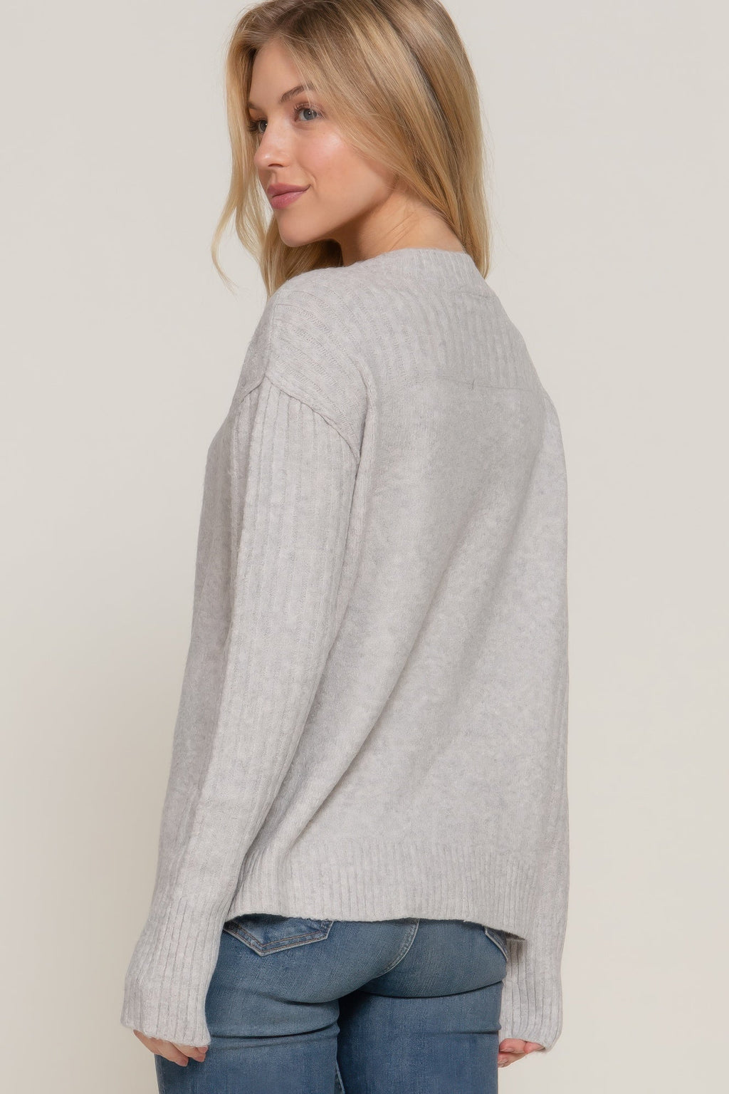 Long Slv Mock Neck Raised Seam Sweater