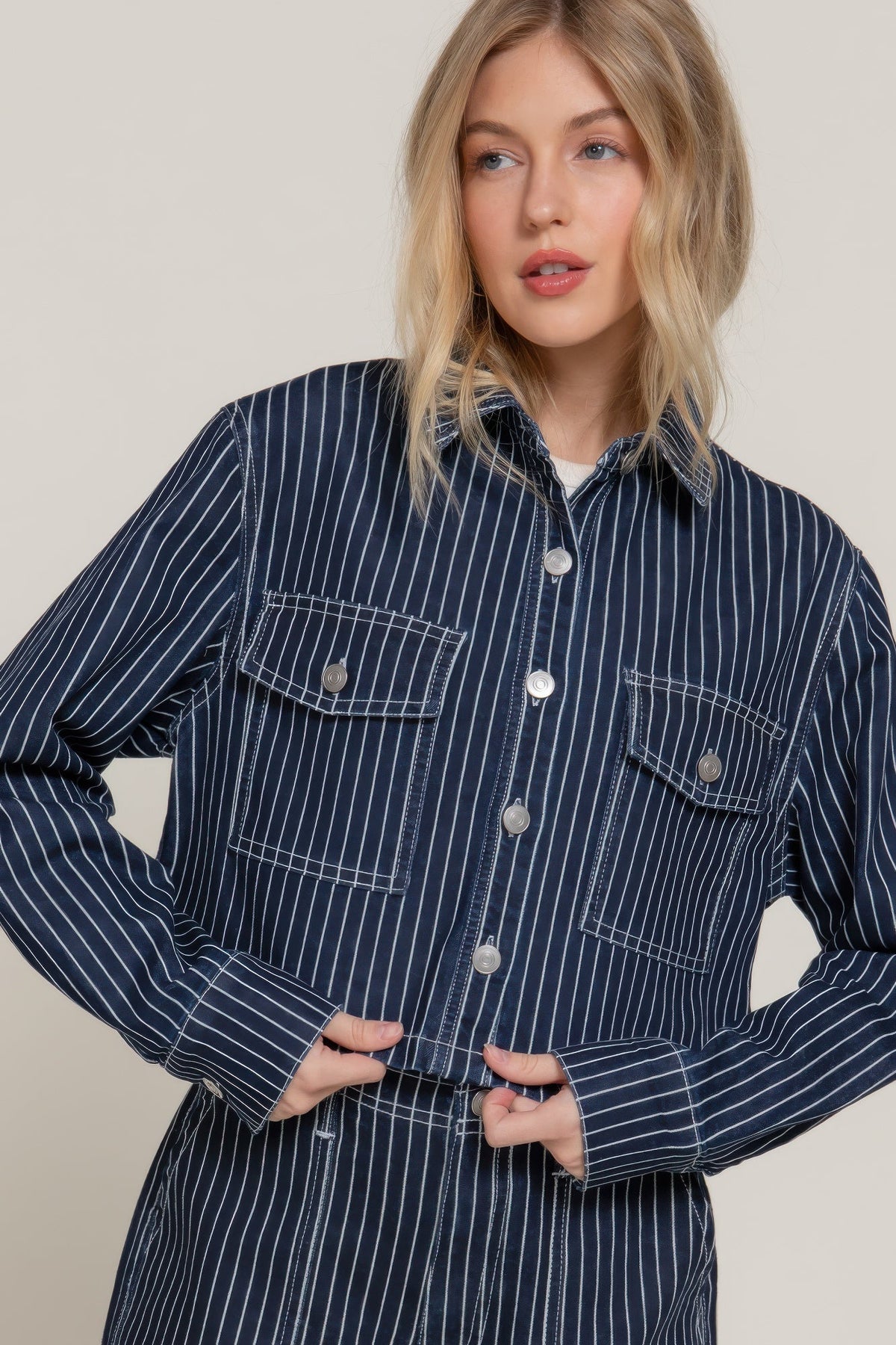Button Down Stripe Denim Short Jacket
