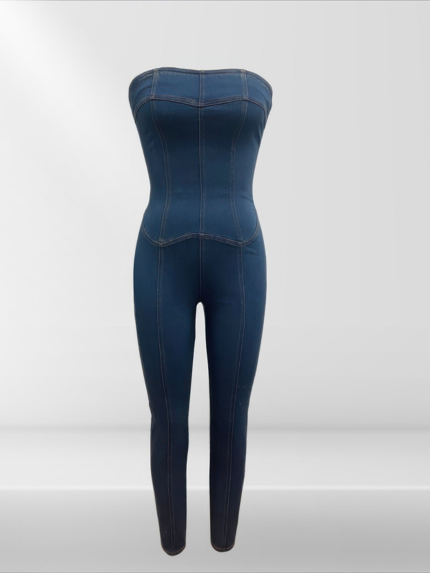 Strapless Denim Jumpsuit With Lace Up Back