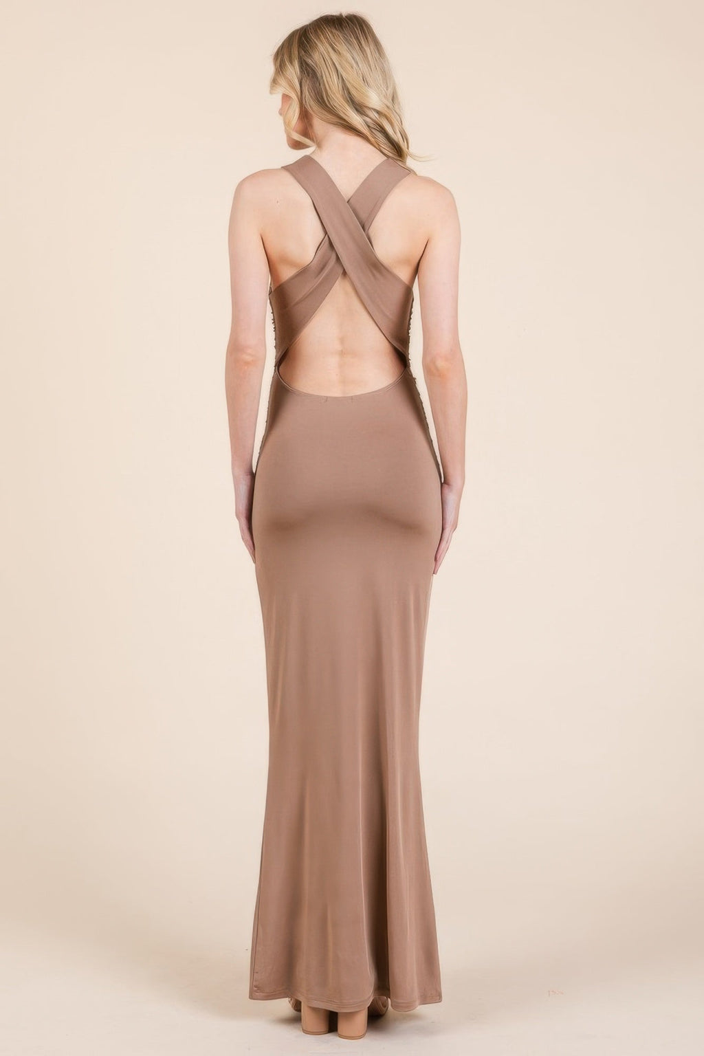 Cowl Neck Cross Back Shirring Maxi Dress