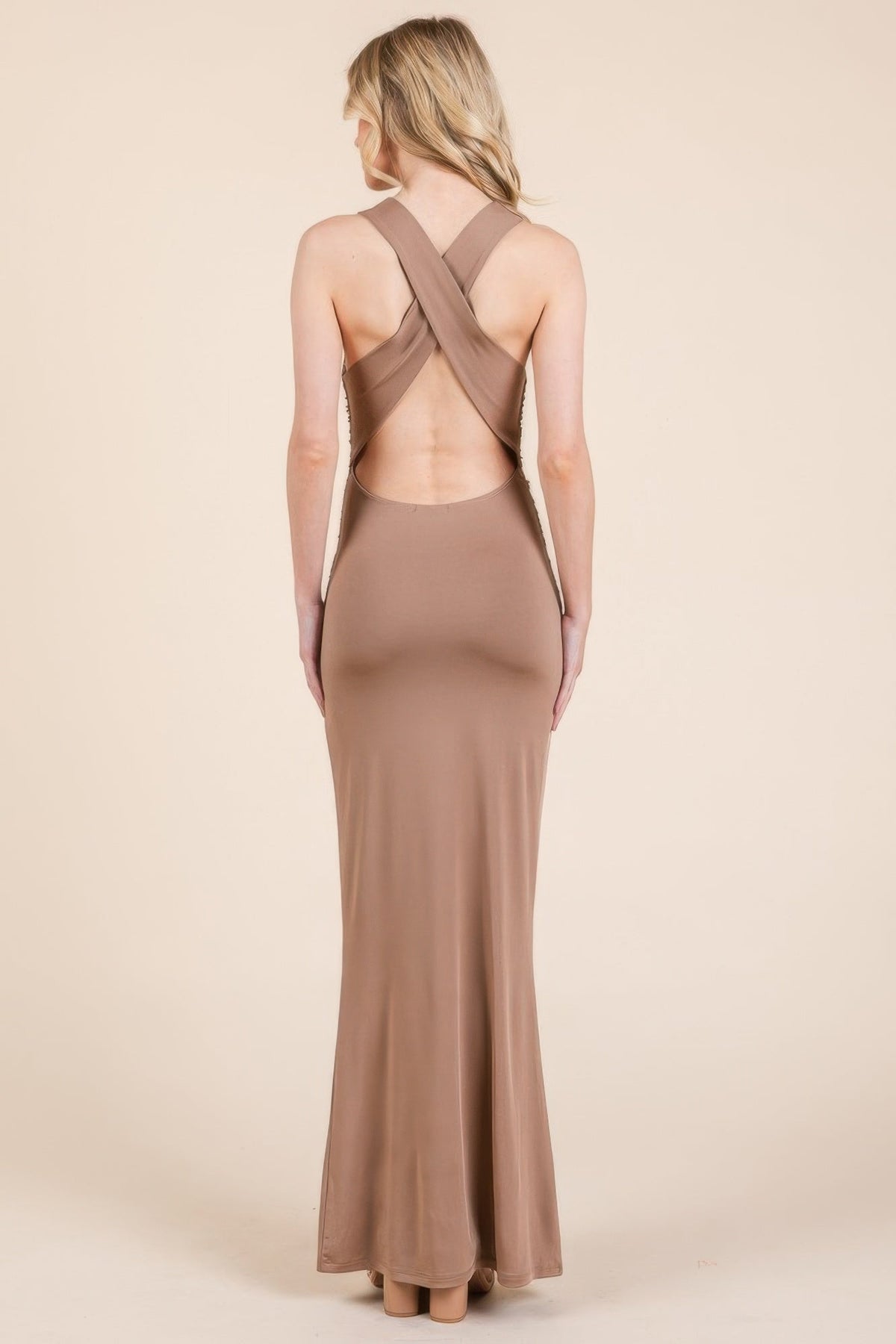 Cowl Neck Cross Back Shirring Maxi Dress