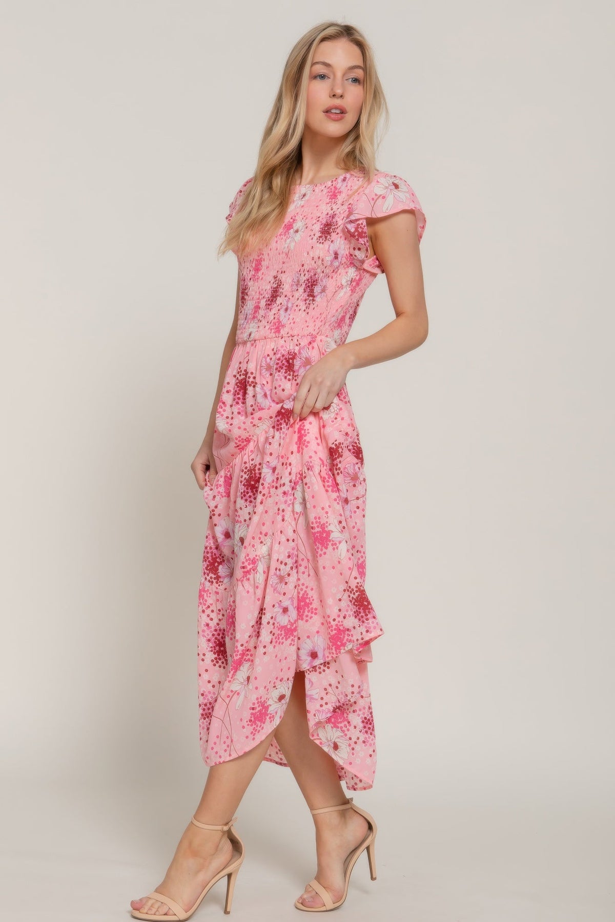 Ruffl Slv Smocked Floral Print Dresss