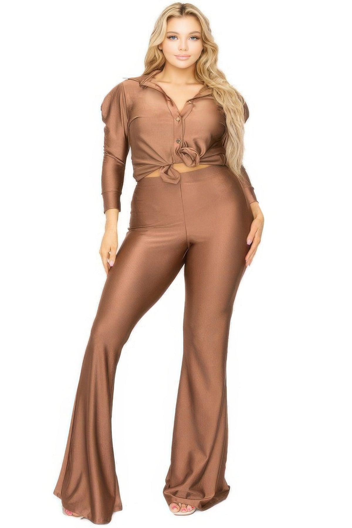 Satin 3/4 Sleeve Wide Leg 2 Piece Set