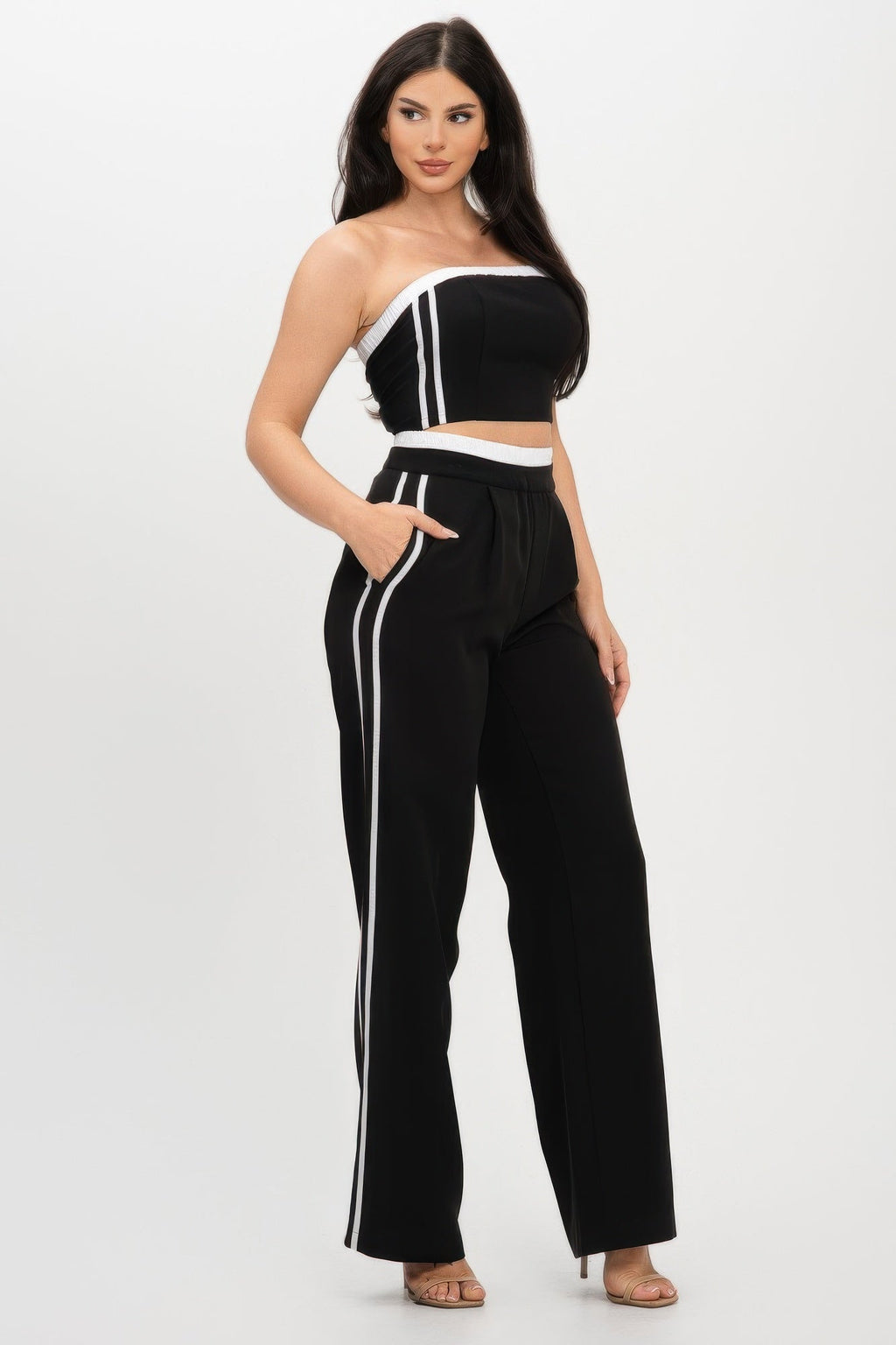 Stripe Tapping Contrast Elastic Band Toppants Set