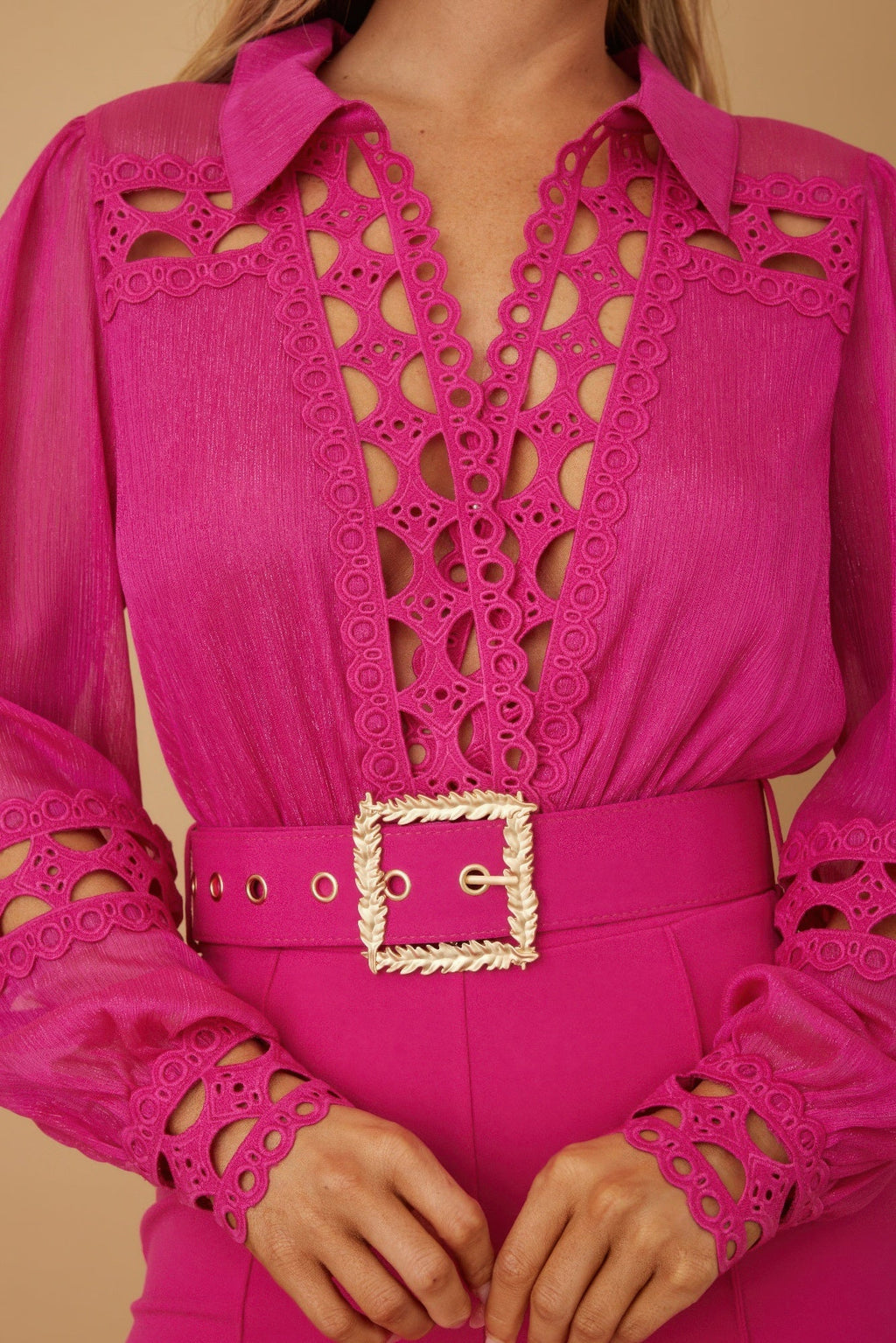 Crochet Detailed Woven Top Fashon Jumpsuit (Hot Pink)