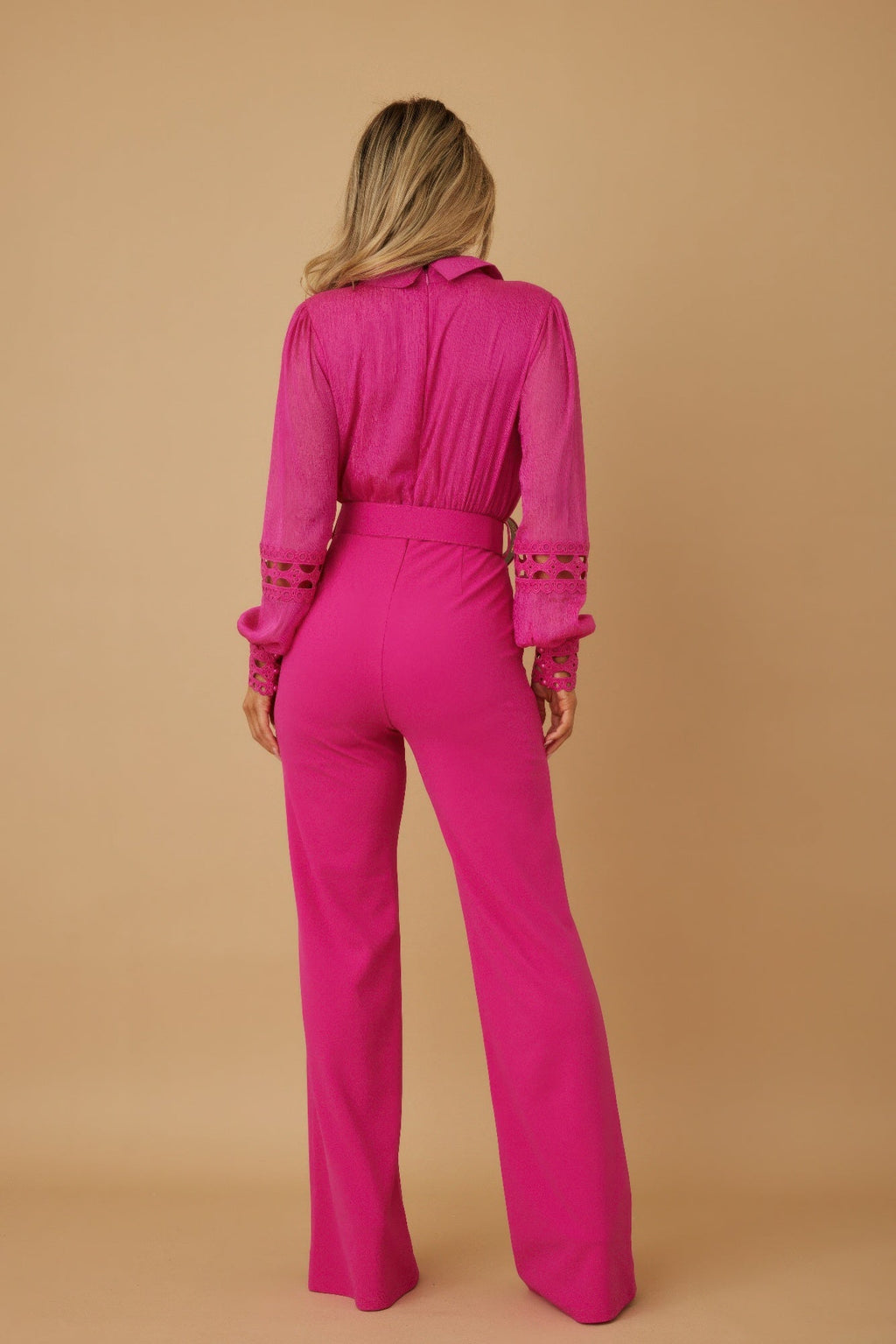 Crochet Detailed Woven Top Fashon Jumpsuit (Hot Pink)