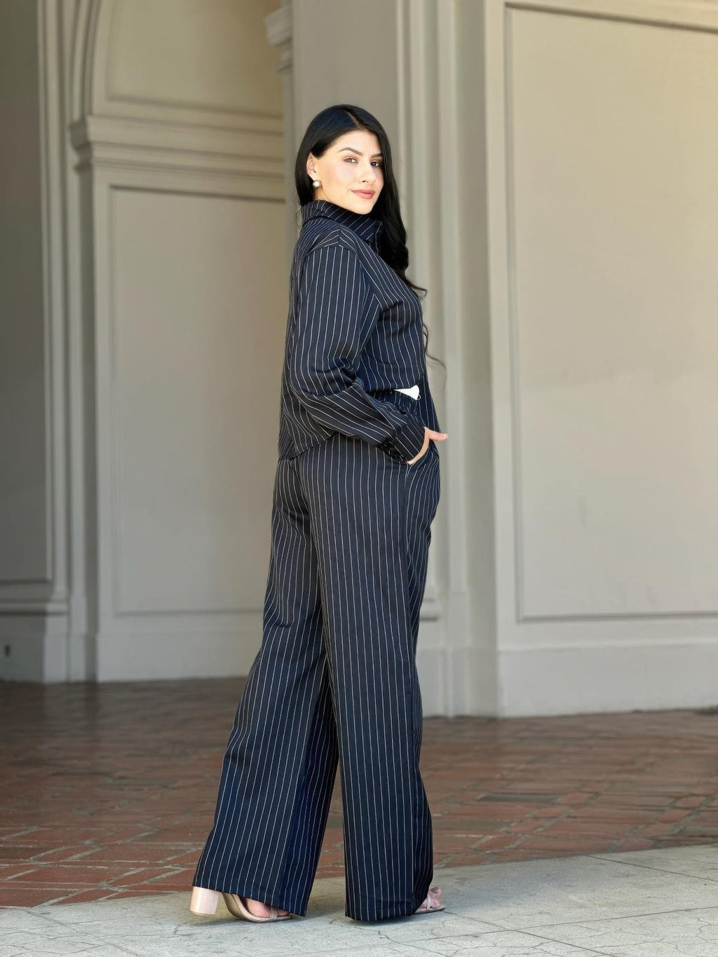 Striped Set With Double Waistband Pants And Top