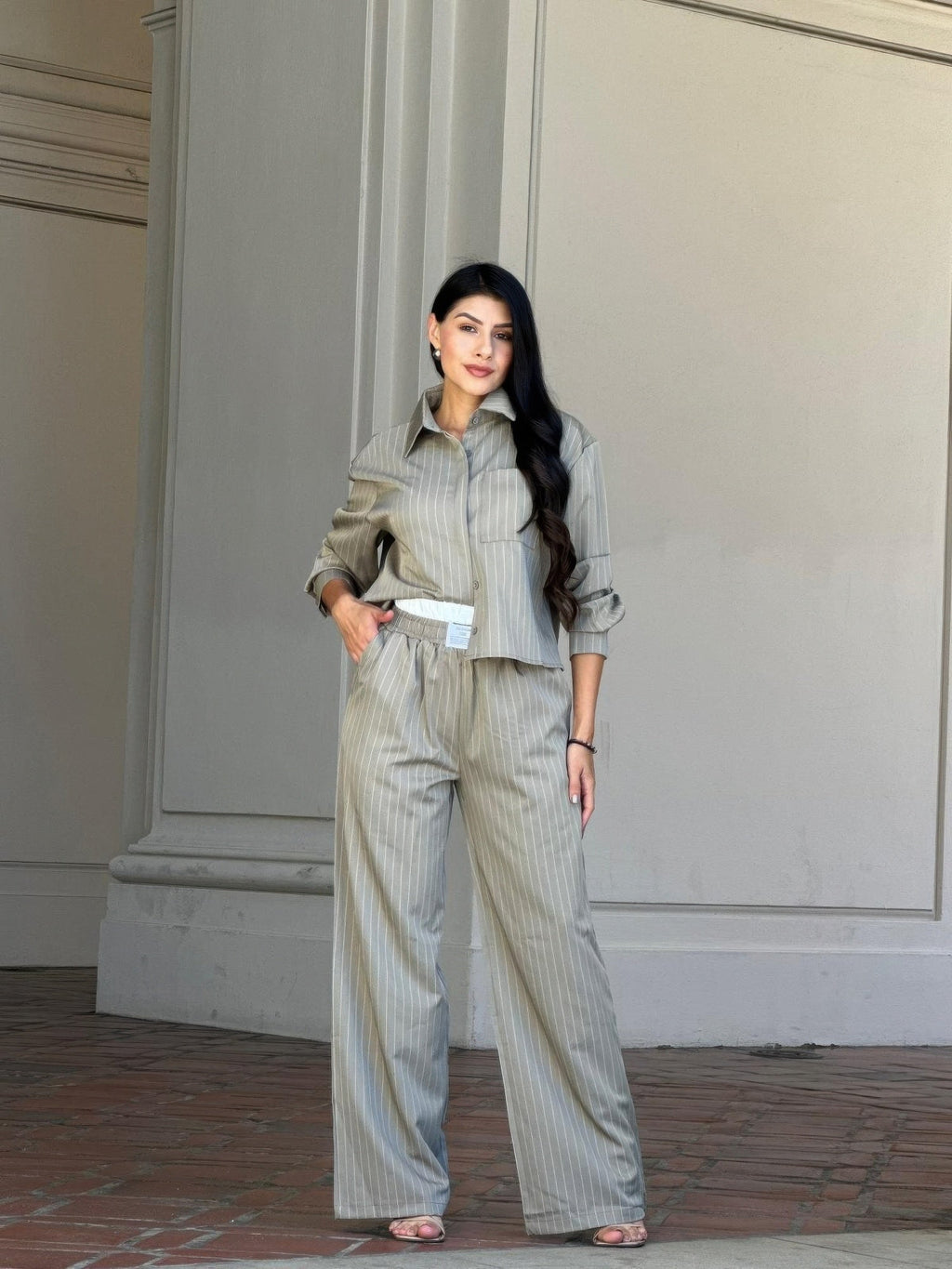 Striped Set With Double Waistband Pants And Top