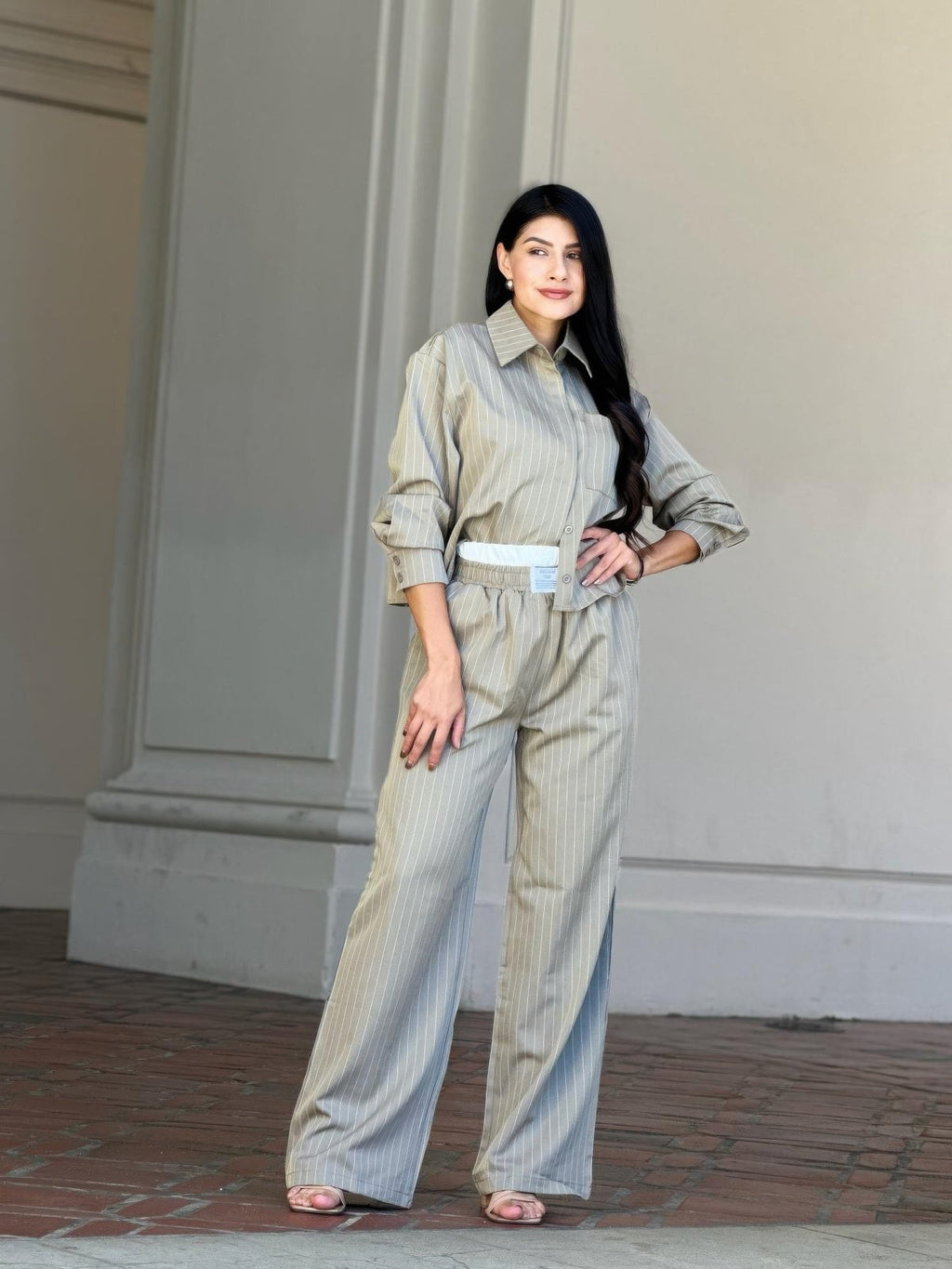 Striped Set With Double Waistband Pants And Top