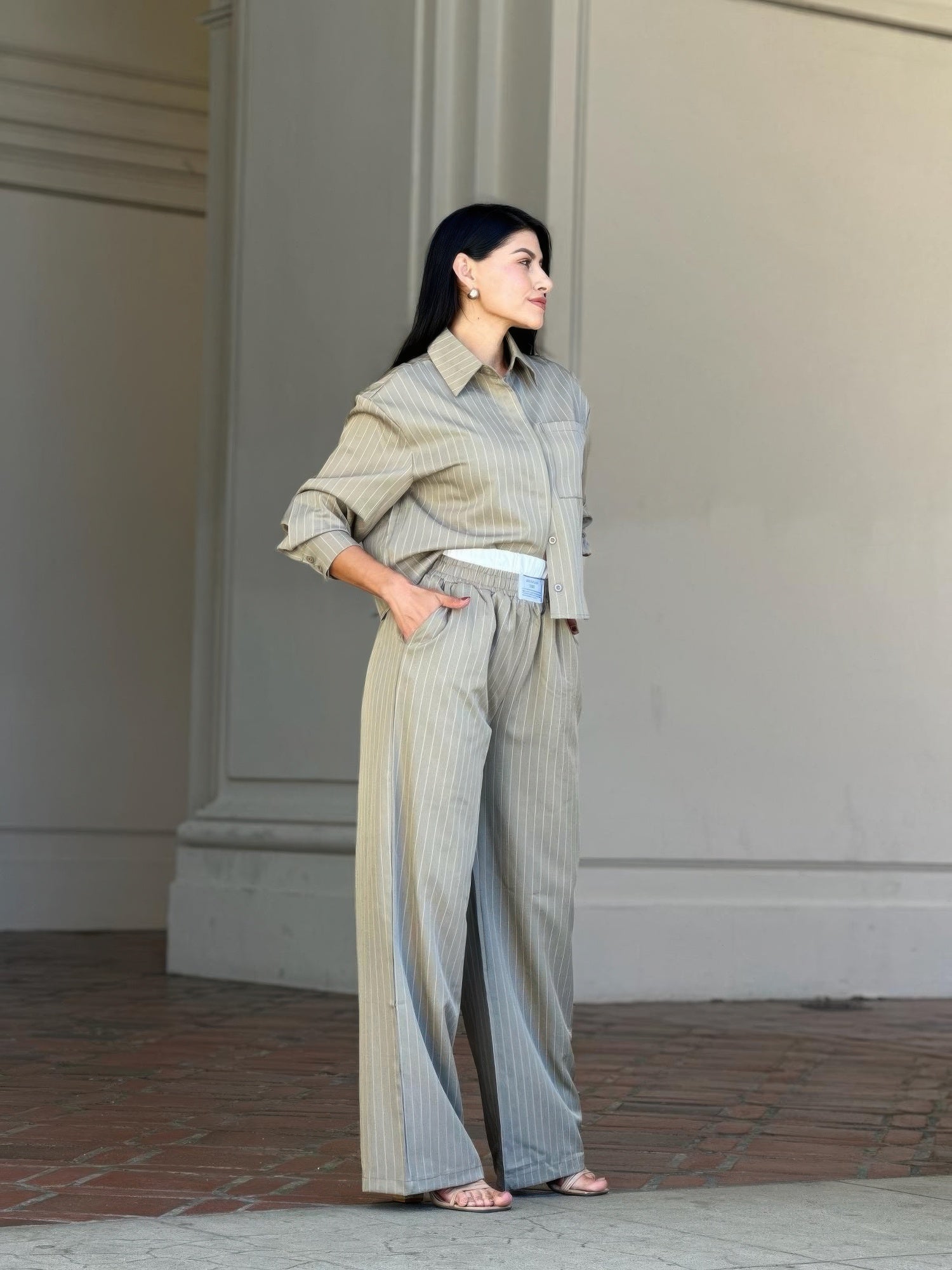 Striped Set With Double Waistband Pants And Top